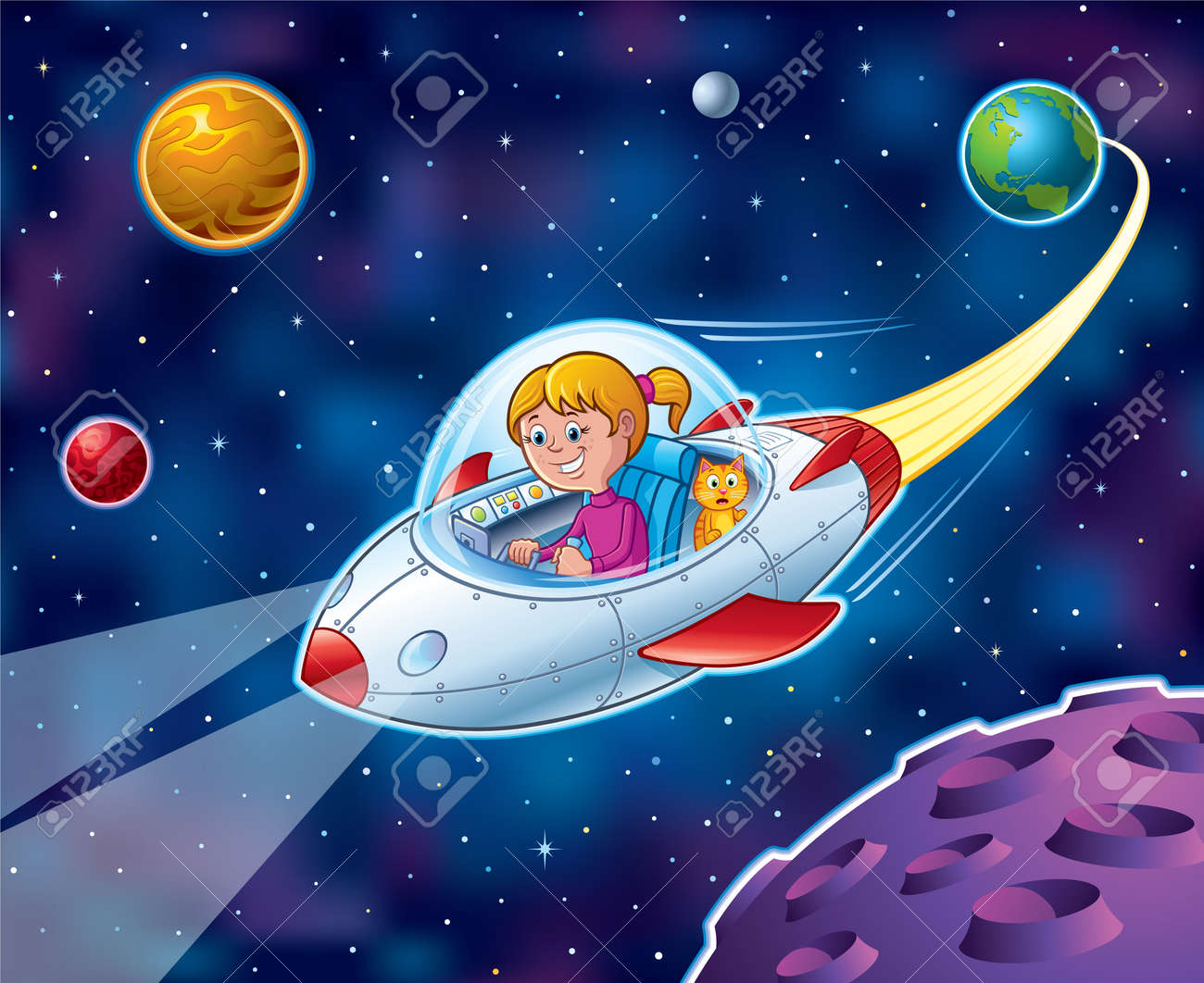 Cartoon of a girl flying from Earth in a spaceship in outer space with star...