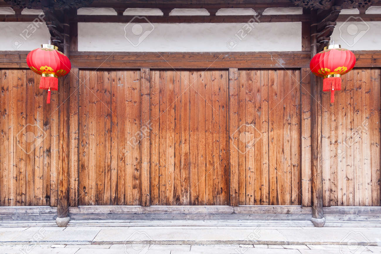 The Traditional Chinese Wooden Wall With Two Red Lanterns Stock Photo,  Picture and Royalty Free Image. Image 137224450., image size:1300x867