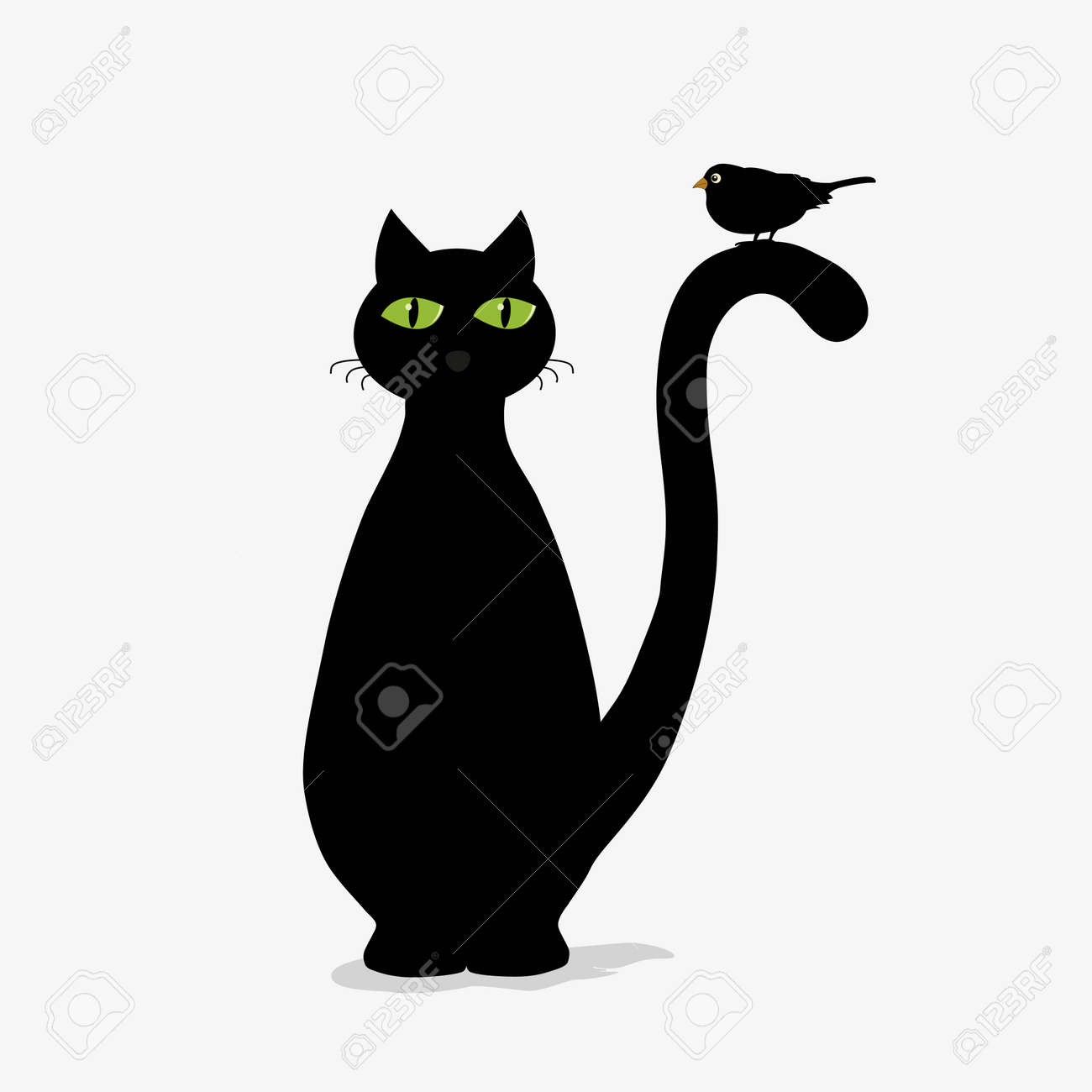 かわいい黒猫と白い背景の上の鳥 のイラスト素材 ベクタ Image