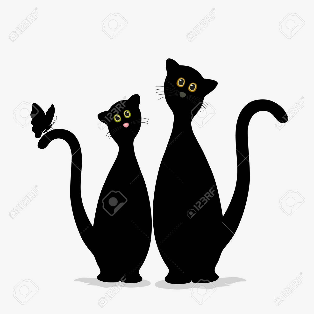 Two cute black cats and butterfly on white background - 52344872 Two cute black cats and butterfly on white background - 52344872