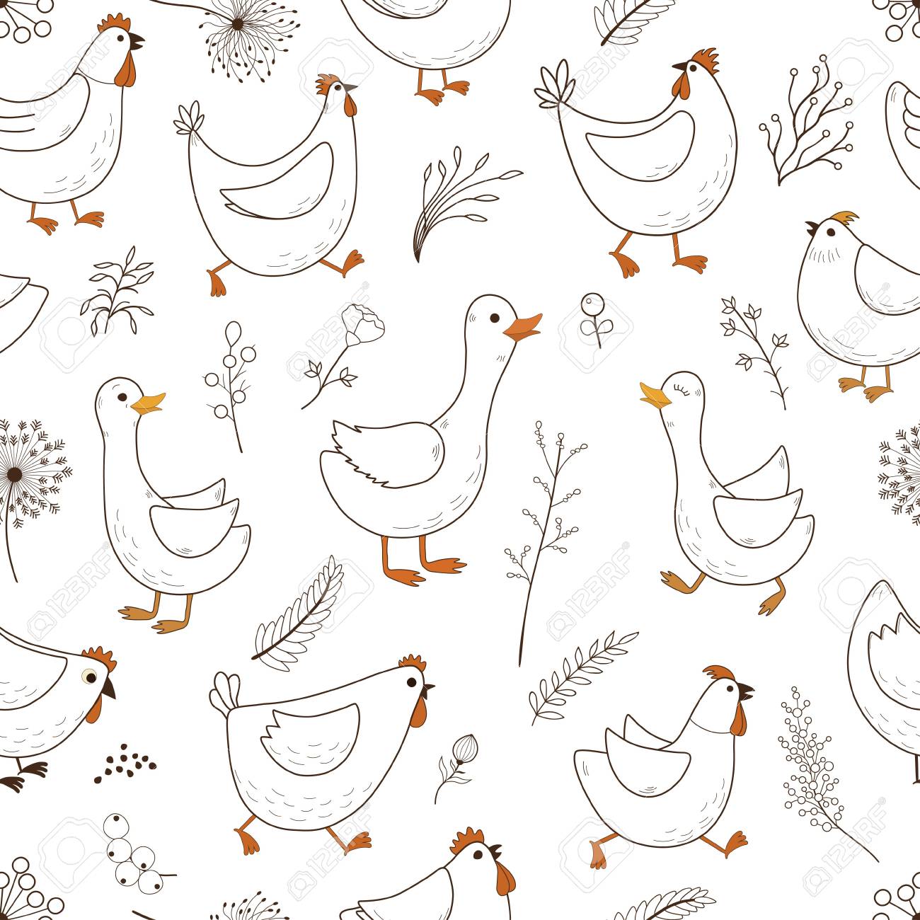 Patron Con Dibujos Animados Aves Domesticas Ilustraciones Vectoriales Clip Art Vectorizado Libre De Derechos Image 85934533