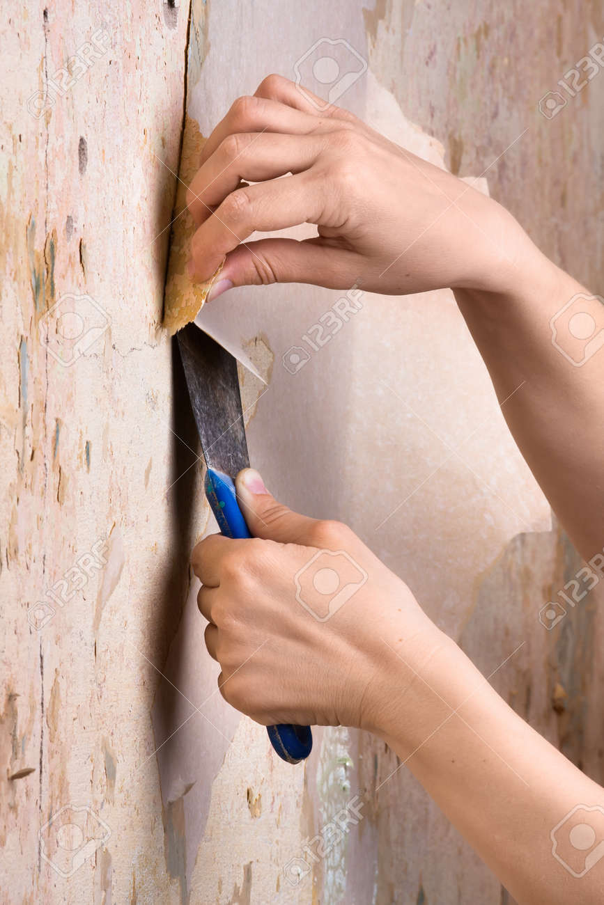 Manos La Eliminacion Del Papel Pintado De La Pared Fotos Retratos