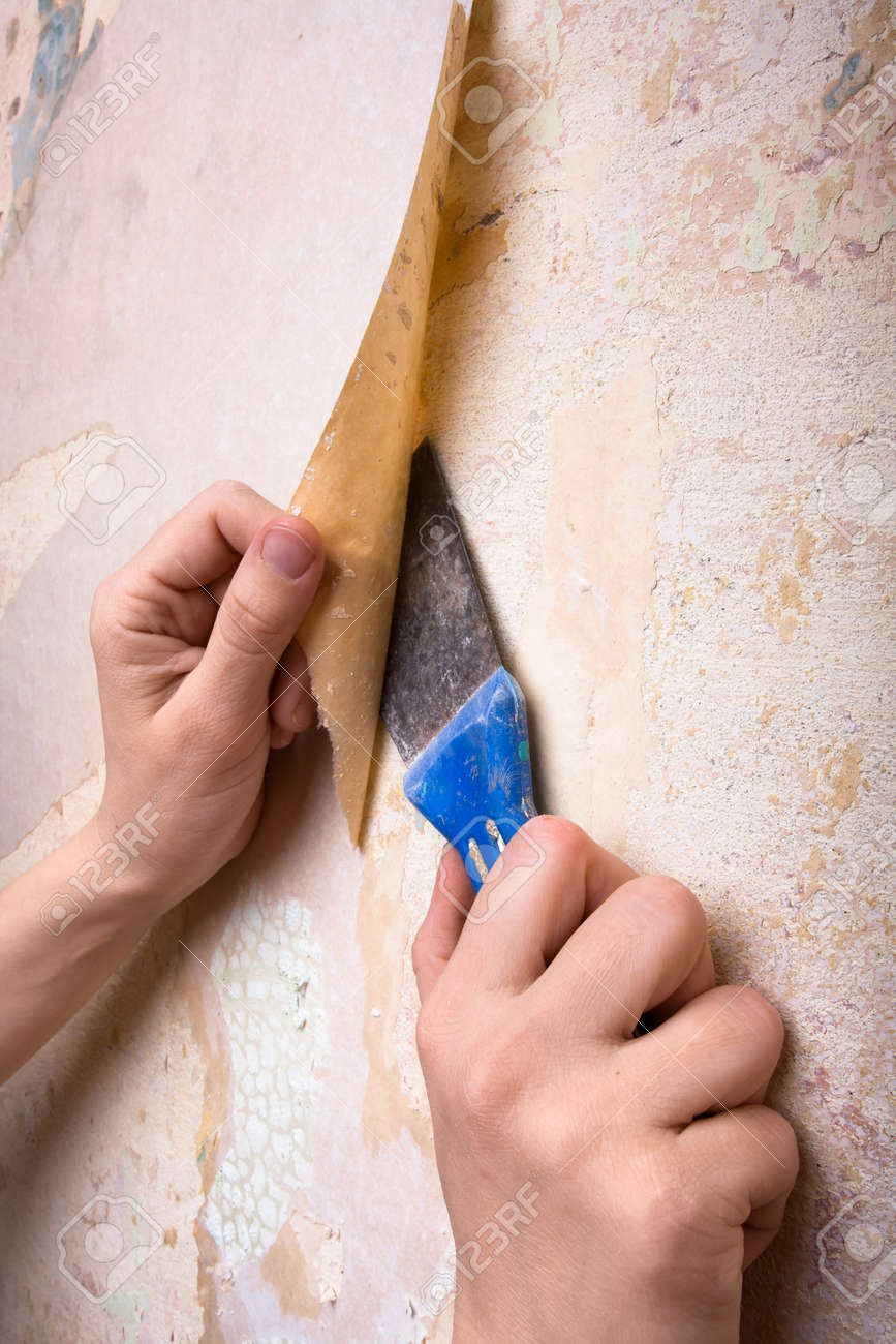 Manos La Eliminacion Del Papel Pintado De La Pared Fotos Retratos