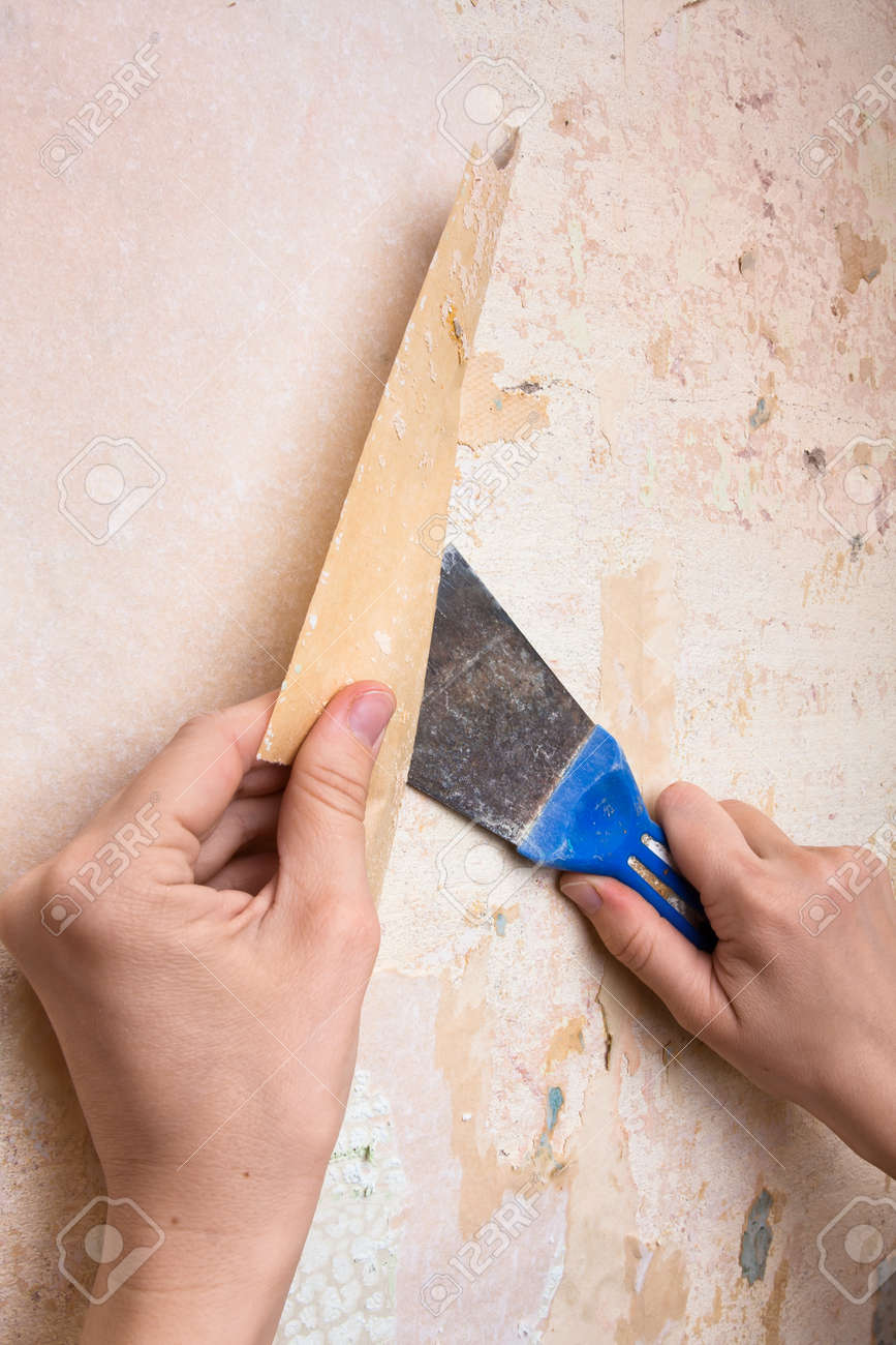 Manos La Eliminacion Del Papel Pintado De La Pared Fotos Retratos