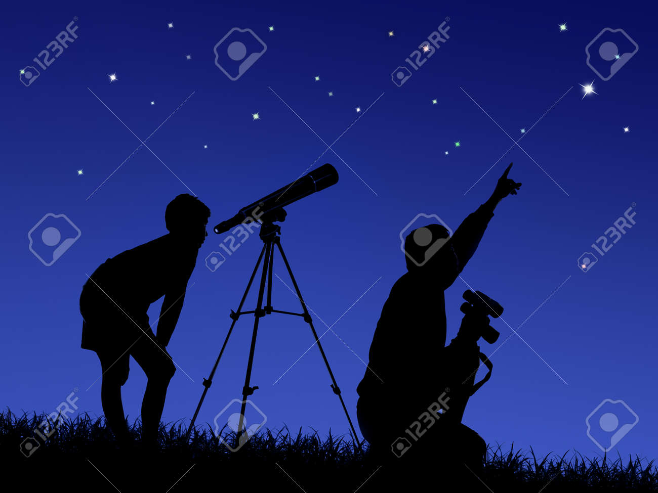 father and son study the starry sky through a telescope on the lawn - 122796799 father and son study the starry sky through a telescope on the lawn - 122796799