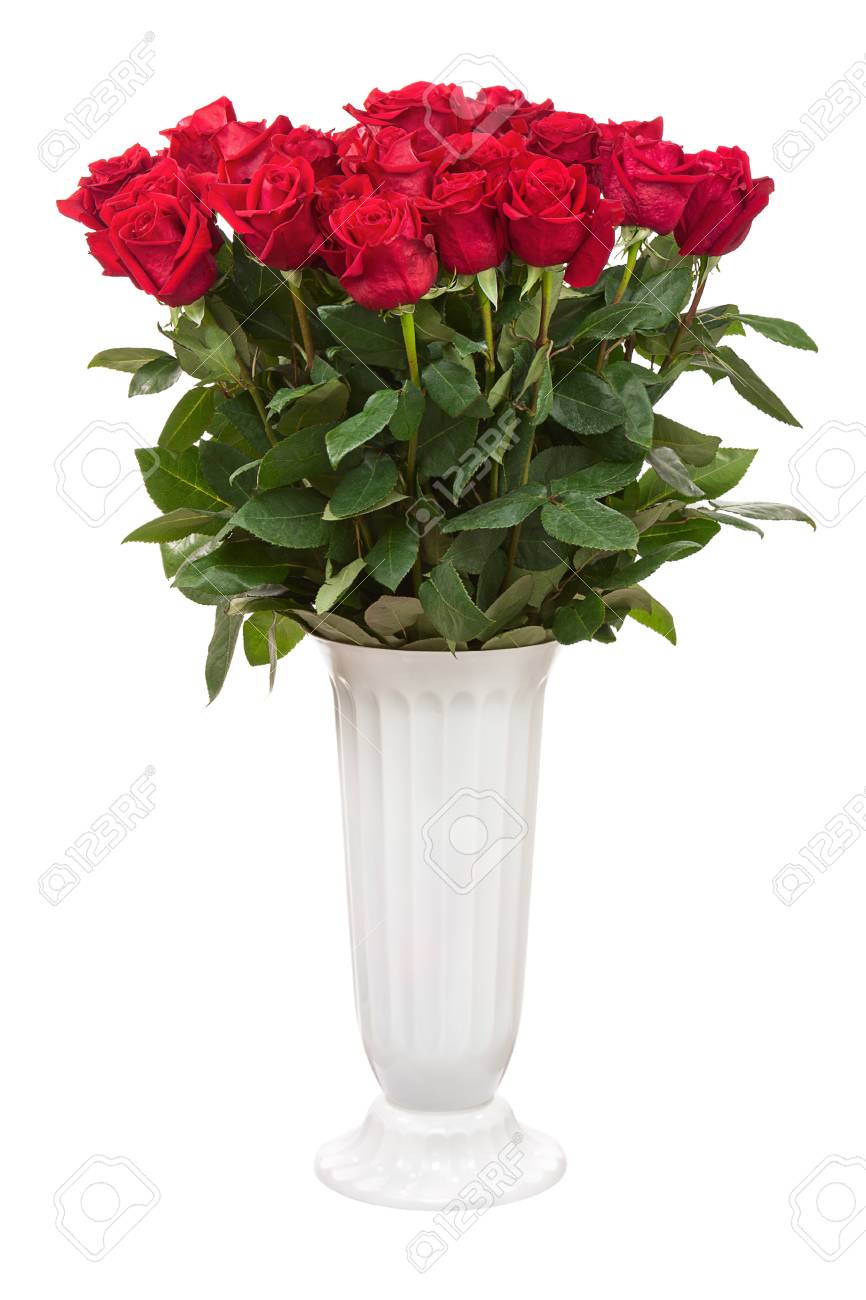 Flower Bouquet From Red Roses In White Vase Isolated On White