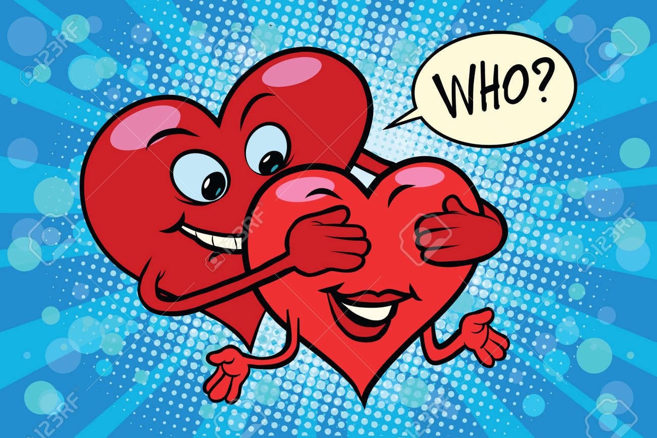 人は あなたの目の愛のカップル ポップアート レトロ漫画のイラストを閉じます バレンタインデー赤いハート 男性と女性の文字 のイラスト素材 ベクタ Image