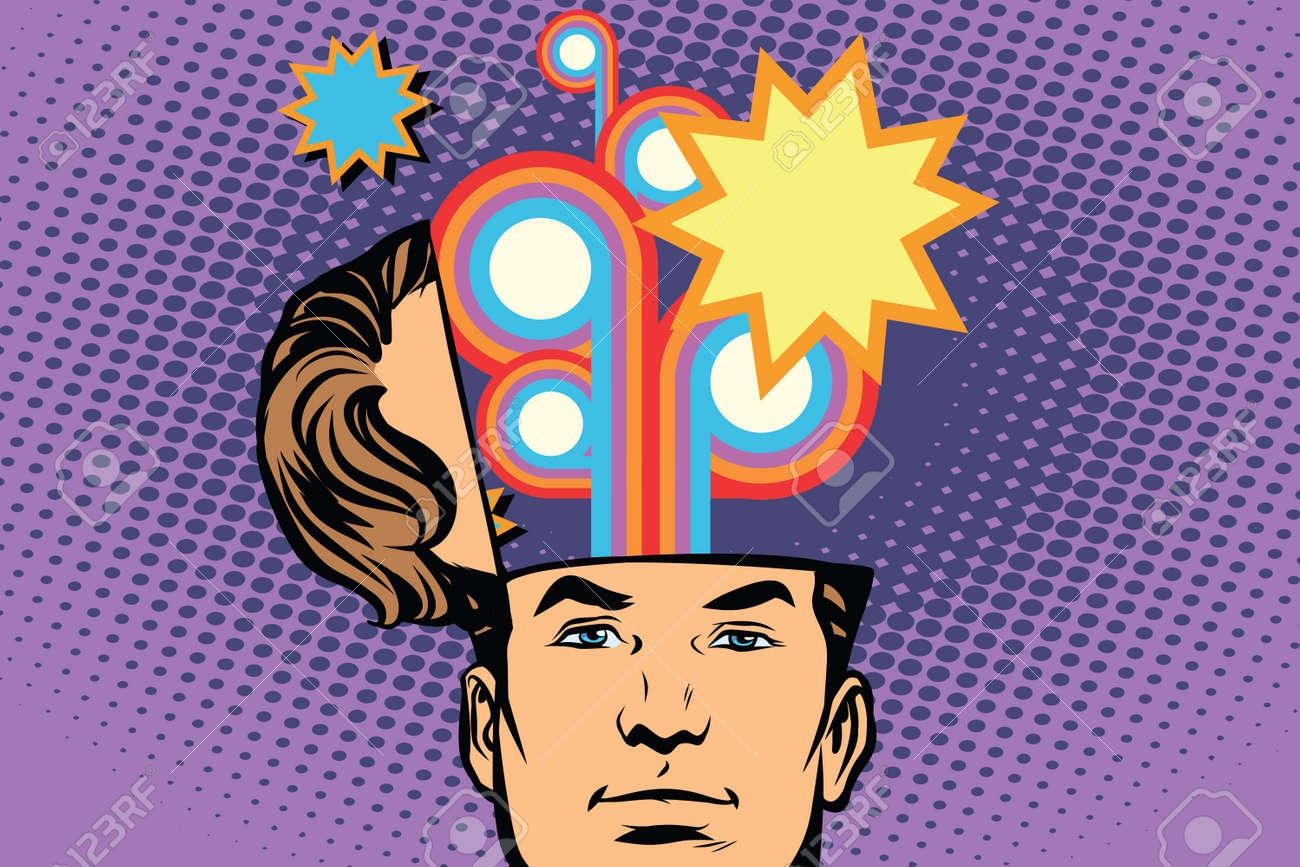 オープン ヘッド祭花火カーニバルのお祝いを持つ男 コミック漫画スタイル ポップ アート レトロ色ベクトル イラスト のイラスト素材 ベクタ Image