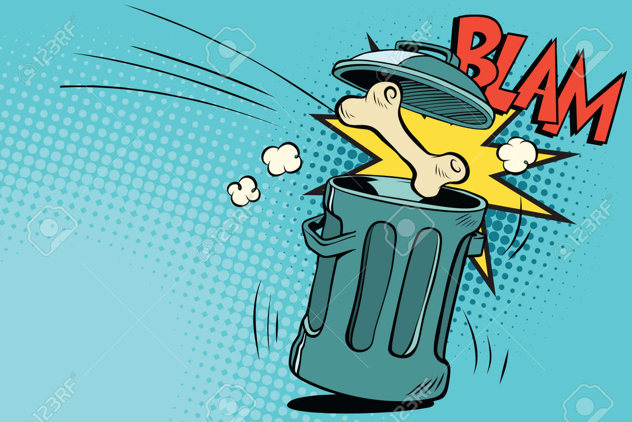 Le Chien Osseux Vole Dans La Poubelle Dessin De Dessin Animé Pop Art Vecteur De Style Rétro