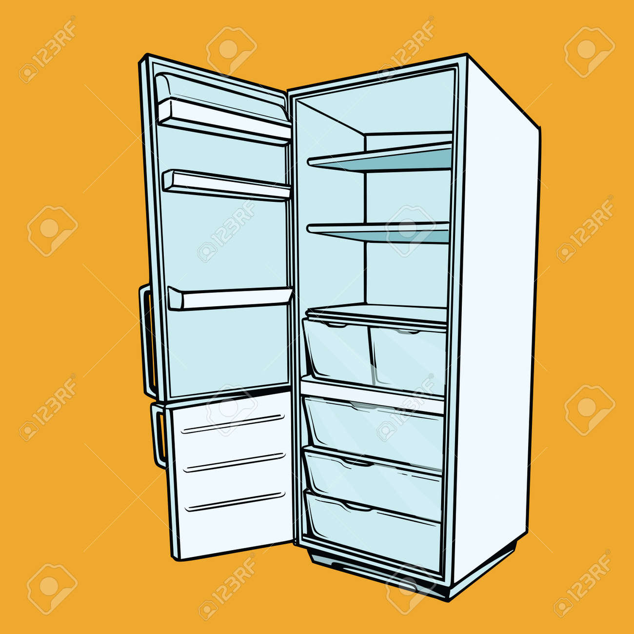 Open Empty Refrigerator Comic Cartoon Style Pop Art Retro Vector