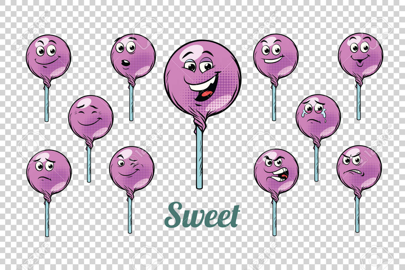 ラウンド ロリポップ キャンディ感情文字コレクション セット 独立した中立的な背景 レトロな漫画イラスト漫画 Pop アート ベクトル の写真素材 画像素材 Image 82281079