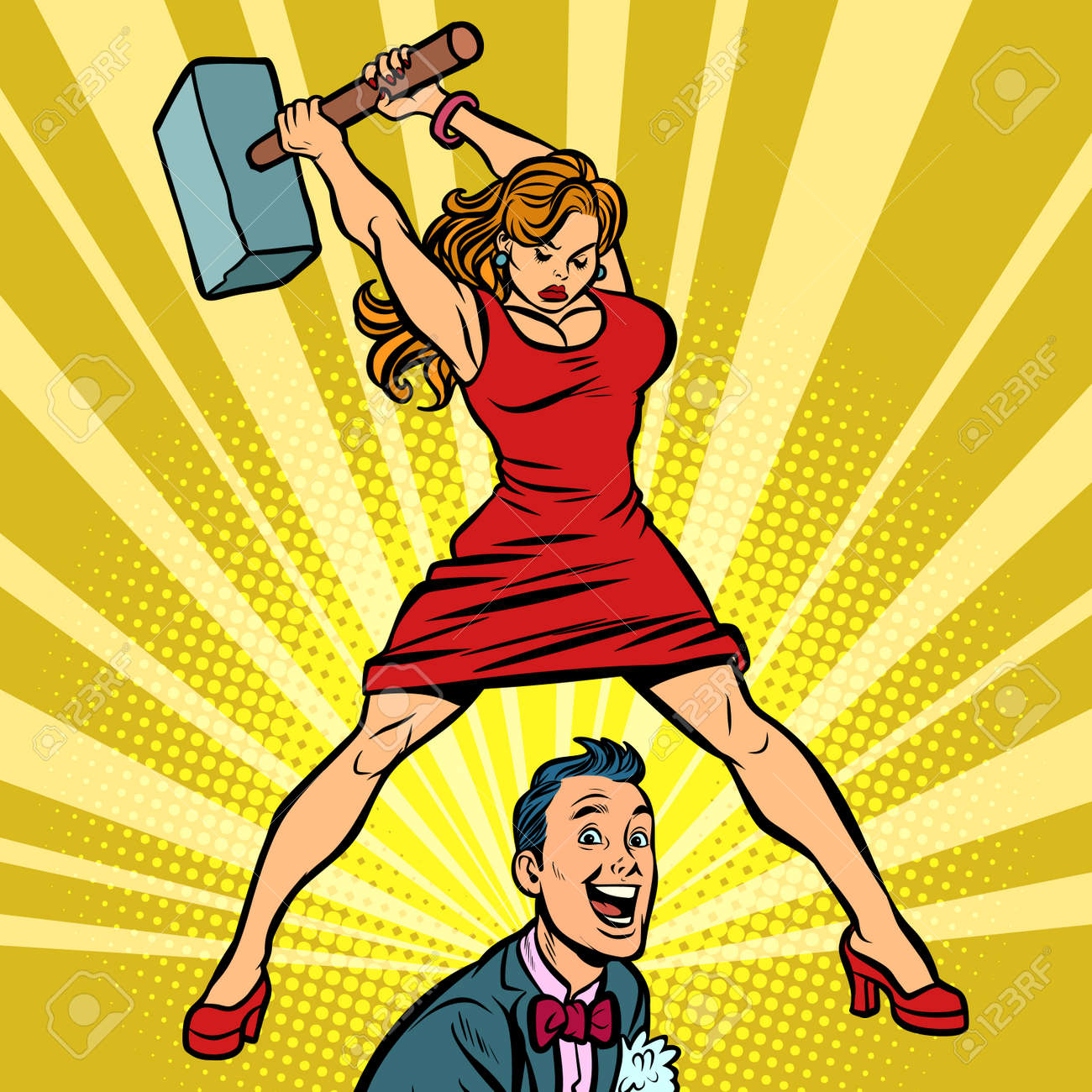 Woman beats a man with a hammer. Comic cartoon pop art retro vector illustration drawing - 109282561 Woman beats a man with a hammer. Comic cartoon pop art retro vector illustration drawing - 109282561