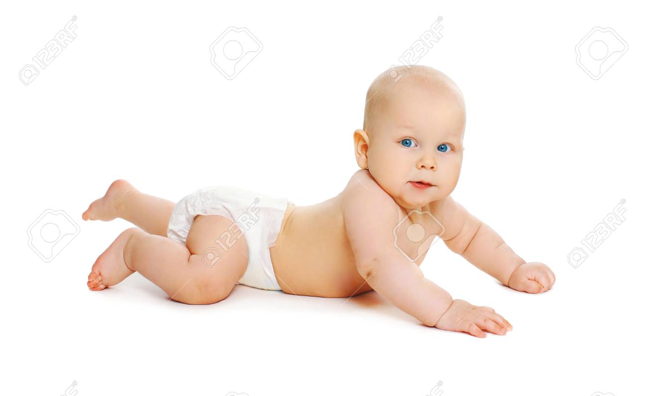 Cute Baby In Diapers Crawls On White Background Stock Photo Picture