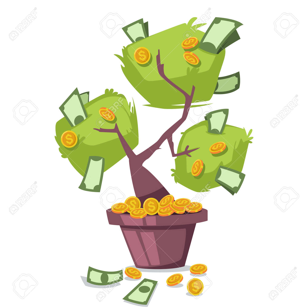 Money Tree With Dollars And Gold Coins Vector Cartoon Icon Isolated - money tree with dollars and gold coins vector cartoon icon isolated on white background