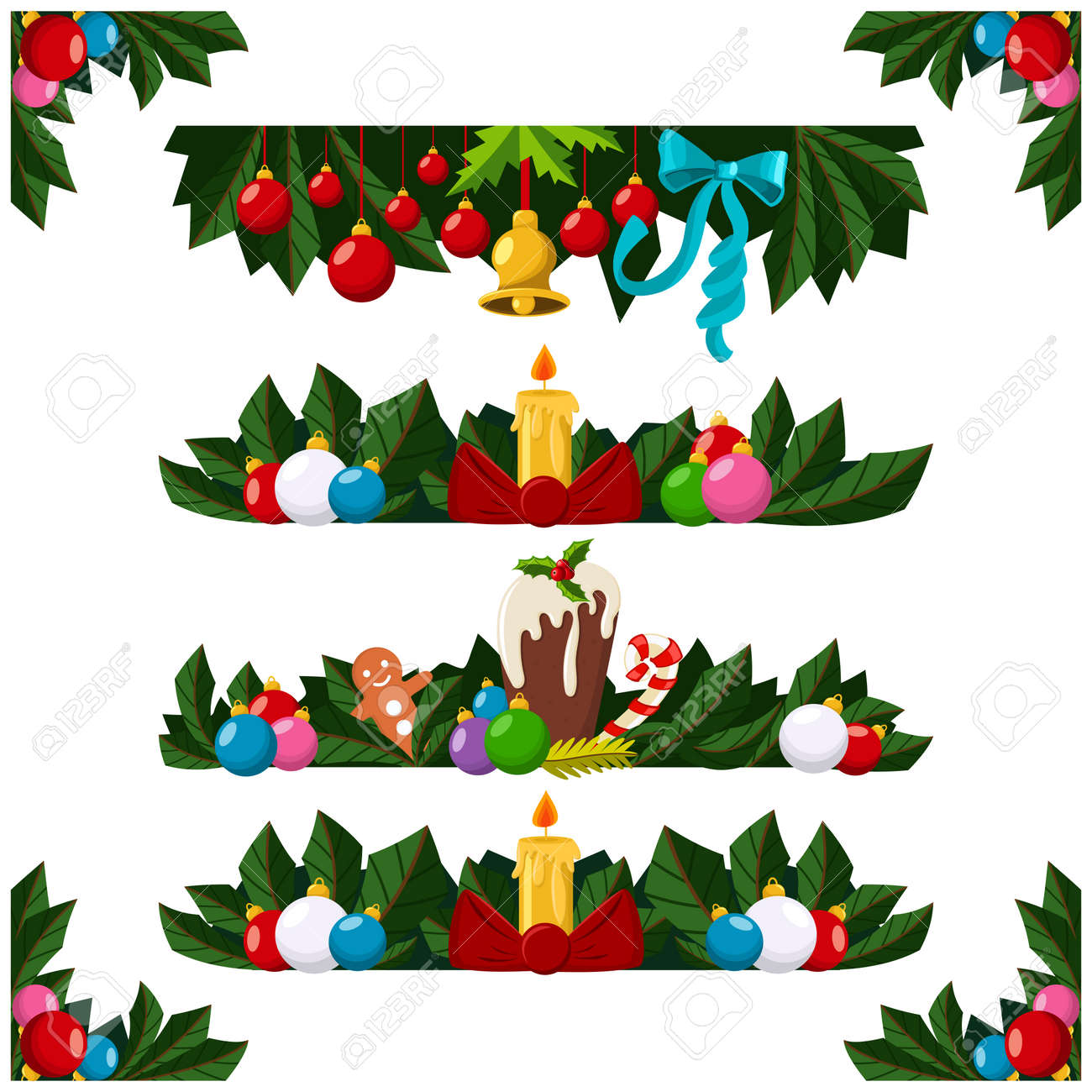 Christmas Decoration Border Frame Or Garland With Xmas Tree Branch Balls Candle Christmas Decoration Border Frame Or Garland With Xmas Tree Branch Balls Candle