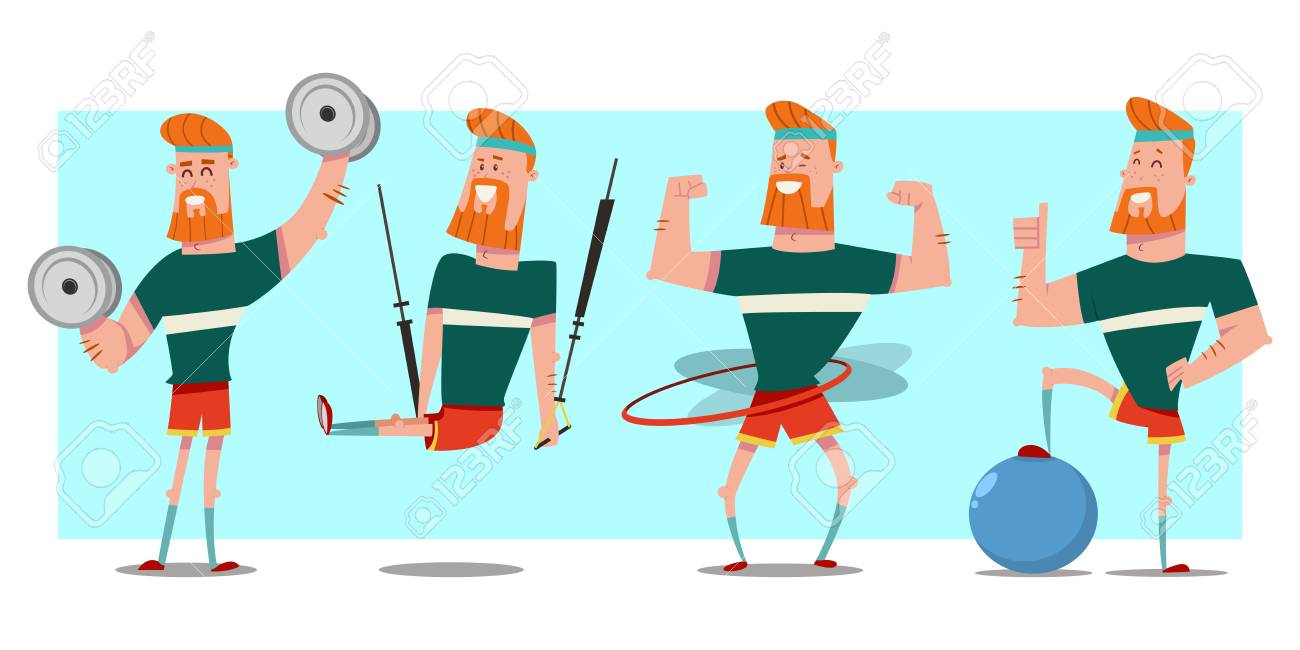 M N With Beard Doing Fitness Exercises With Dumbbells Fit Ball Hula Hoop And Trx Training Cute Guy Cartoon Vector Character Set Isolated On Background Healthy Lifestyle And Sport Illustration Royalty Free Cliparts