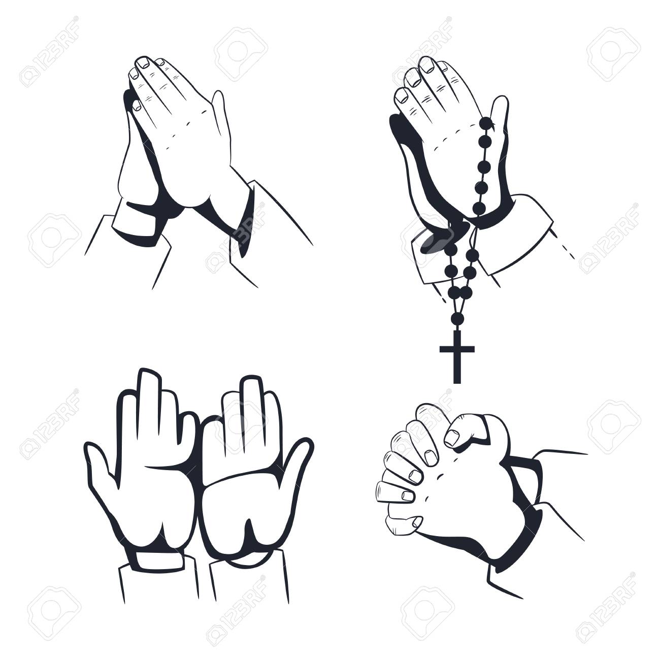 praying hands with holy rosary beads vector icon set isolated