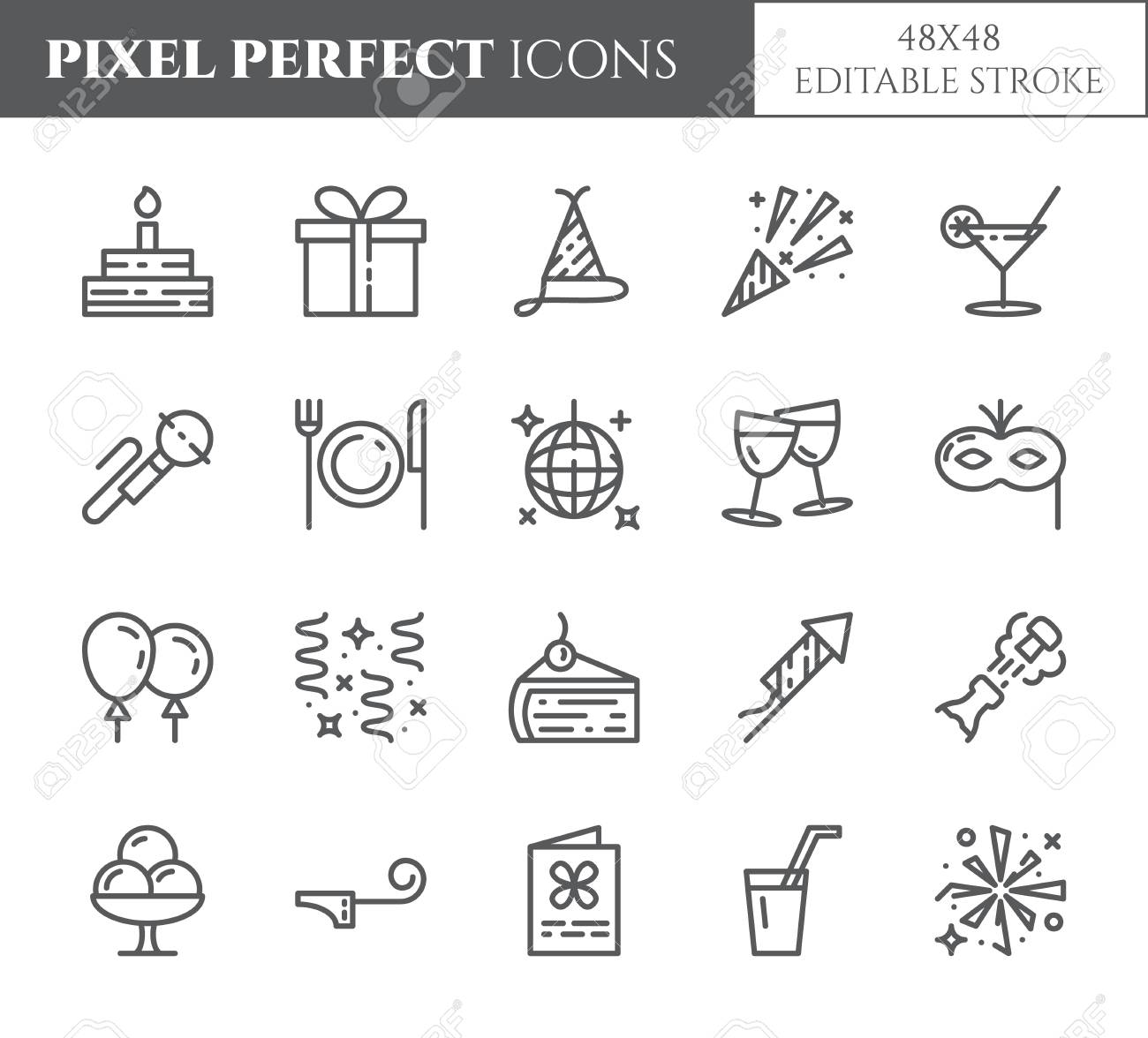 Theme De Fete D Anniversaire Pixel Parfaite Ligne Fine Icones Ensemble D Elements De Gateau Present Champagne Disco Feu D Artifice Divertissement Associes Pictogrammes Silhouette Simple Illustration Vectorielle Trait Editable Clip Art Libres De