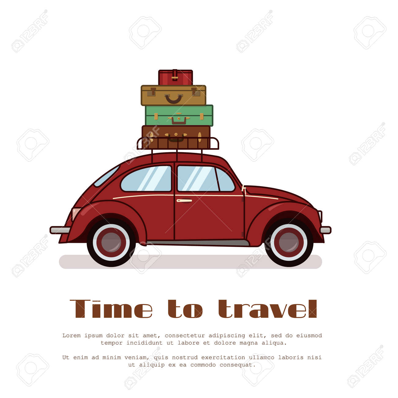 白い背景フラットベクターイラストで隔離されたトランクに昔ながらのスーツケースのスタックを持つ赤いレトロな車 旅行代理店のグリッティングカード お祝い バナー チラシに のイラスト素材 ベクタ Image