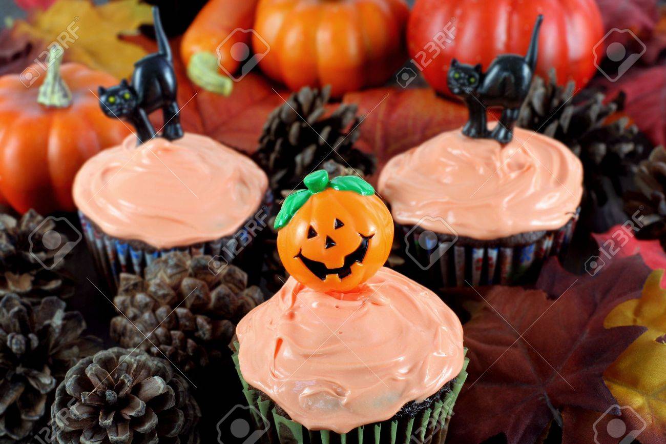 halloween decorated cupcakes among pine cones and fall leaves in an evening atmosphere stock - Halloween Decorated Cupcakes halloween decorated cupcakes among pine cones and fall leaves in an evening atmosphere stock - Halloween Decorated Cupcakes