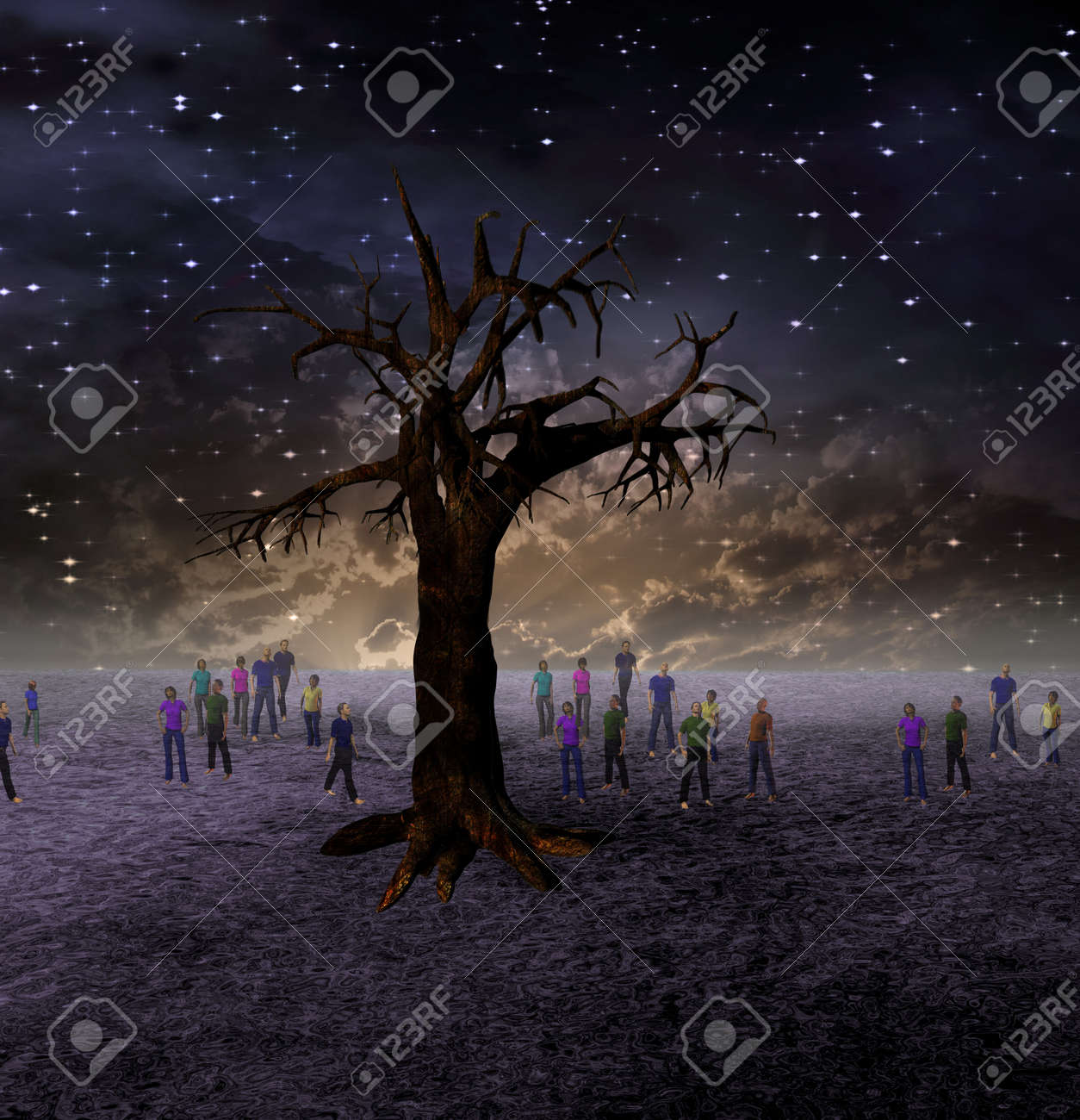 People Gather Around Large Tree On Barren World Stock Photo Picture And Royalty Free Image Image