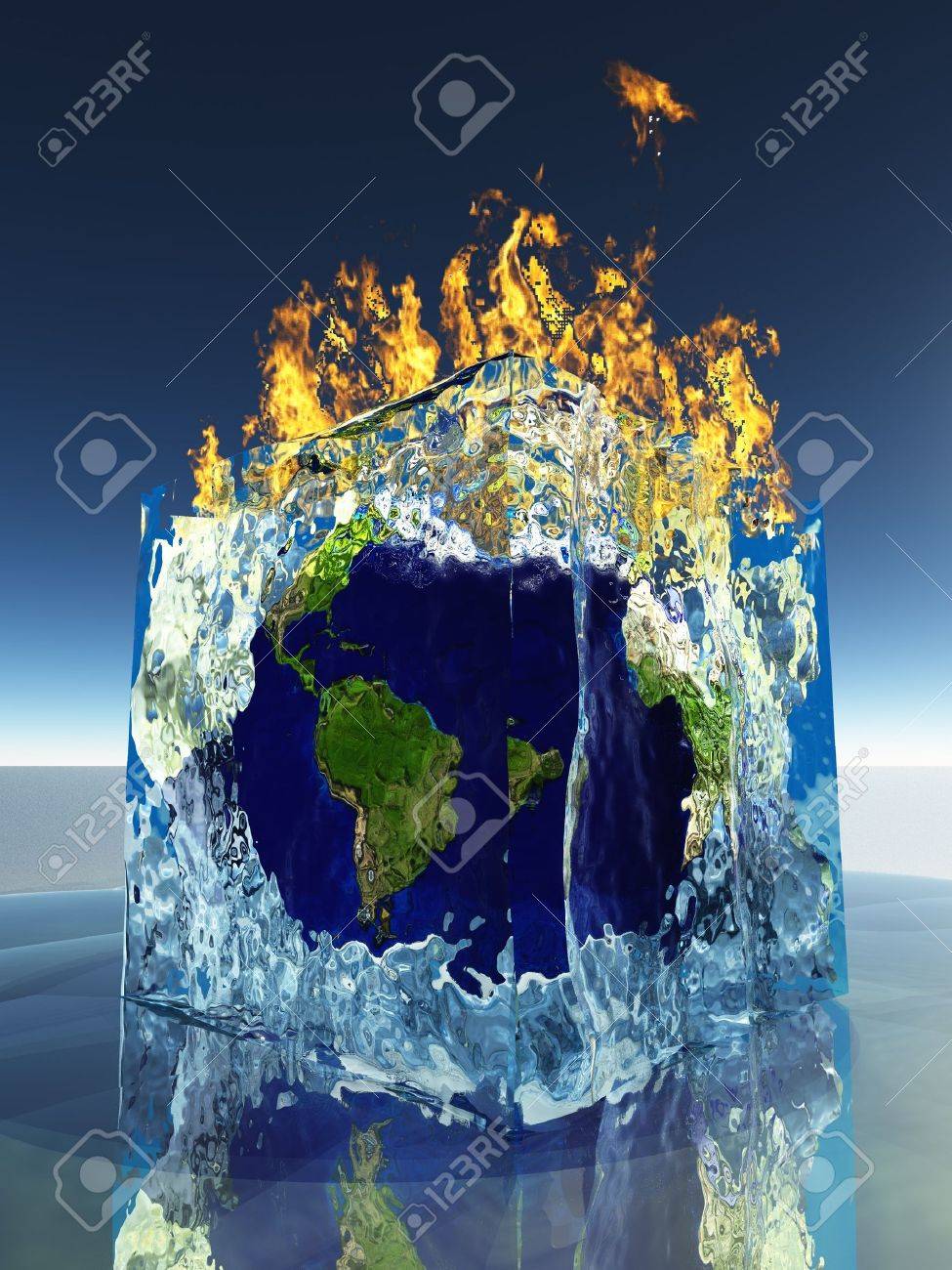 Earth inside ice cube being consumed by fire - 14934290 Earth inside ice cube being consumed by fire - 14934290
