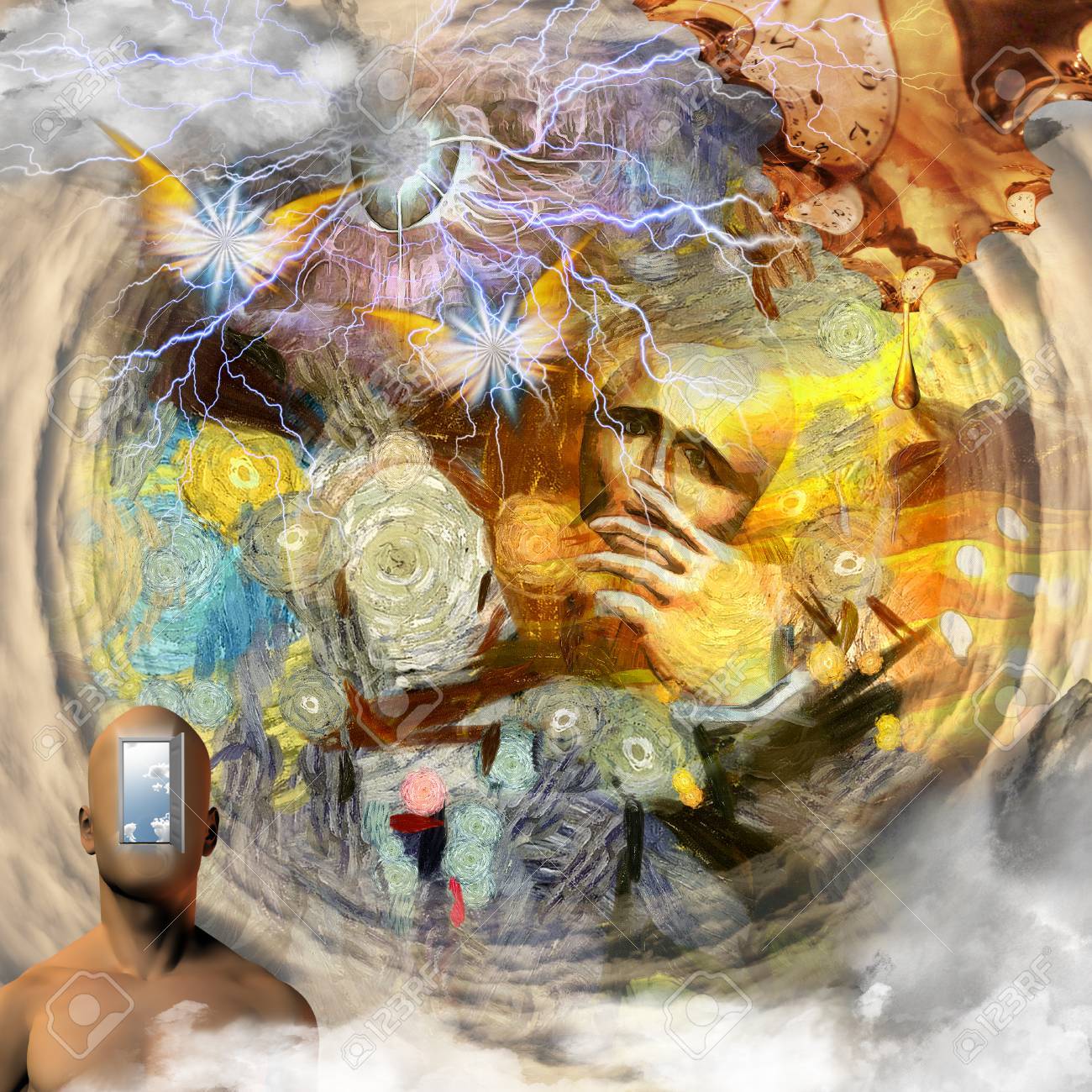 Pintura Surrealista Hombre Sin Rostro Con Máscara En La Mano. El Torso  Desnudo Del Hombre Con La Puerta Abierta En Vez De Su Cara. Reloj Fundido  En Estilo Dali. Fotos, retratos, imágenes