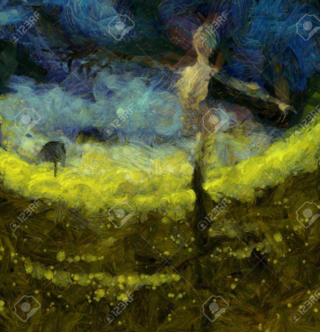 Pintura Surrealista. Figura De Una Mujer Desnuda En La Postura De La Danza  Con Raíces En El Suelo, Una De Sus Manos Como Una Rama De Árbol. Fotos,  retratos, imágenes y fotografía