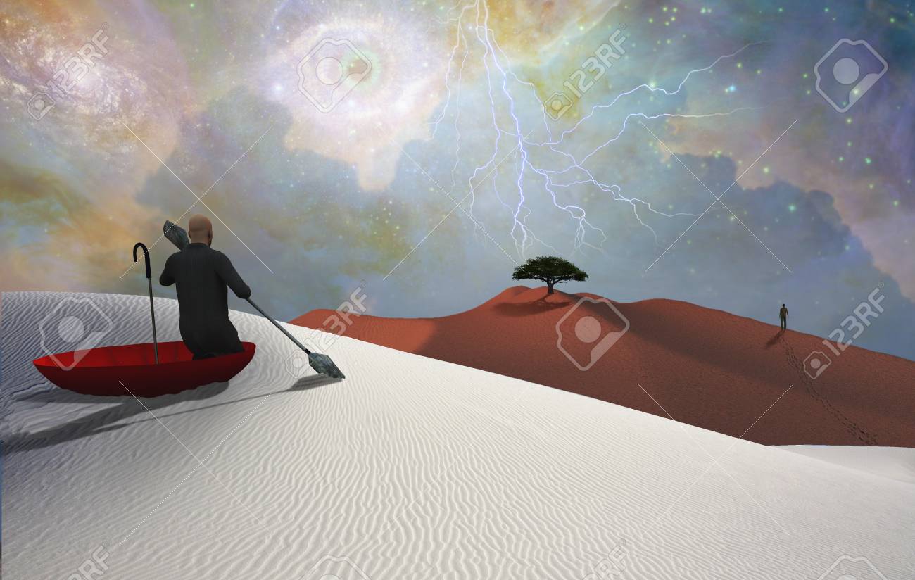 Surreale Malerei Mann Im Roten Regenschirm Der Auf Weisse Wuste Schwimmt Figur Des Menschen In Der Ferne Gruner Baum Am Horizont Gottes Auge Am Himmel Lizenzfreie Fotos Bilder Und Stock Fotografie Image