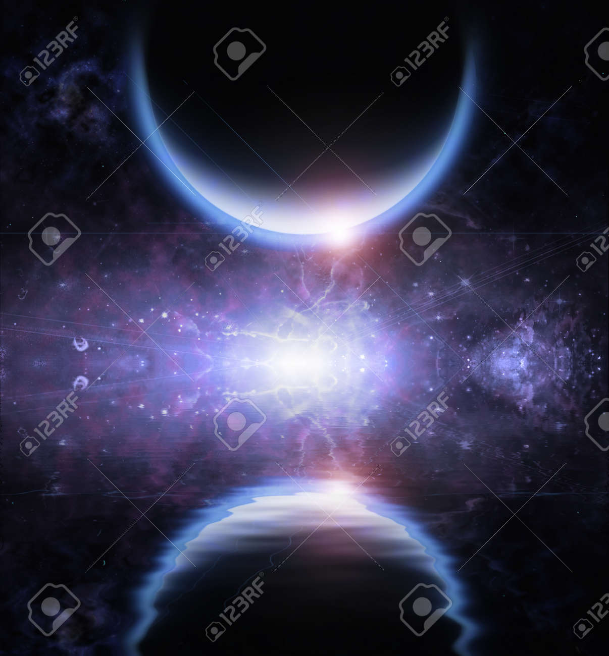 Waters reflection and Mystic Planet. 3D rendering - 150559135 Waters reflection and Mystic Planet. 3D rendering - 150559135