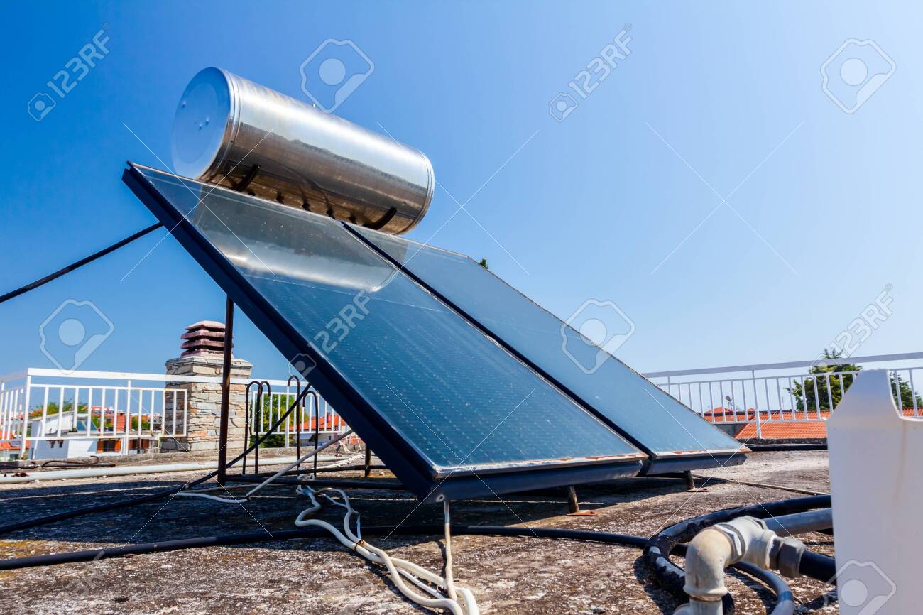 Water Panels For Using Renewable Sun Energy Are Placed On House