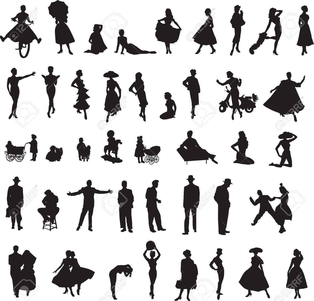 子供 女性 男性のレトロなシルエット のイラスト素材 ベクタ Image