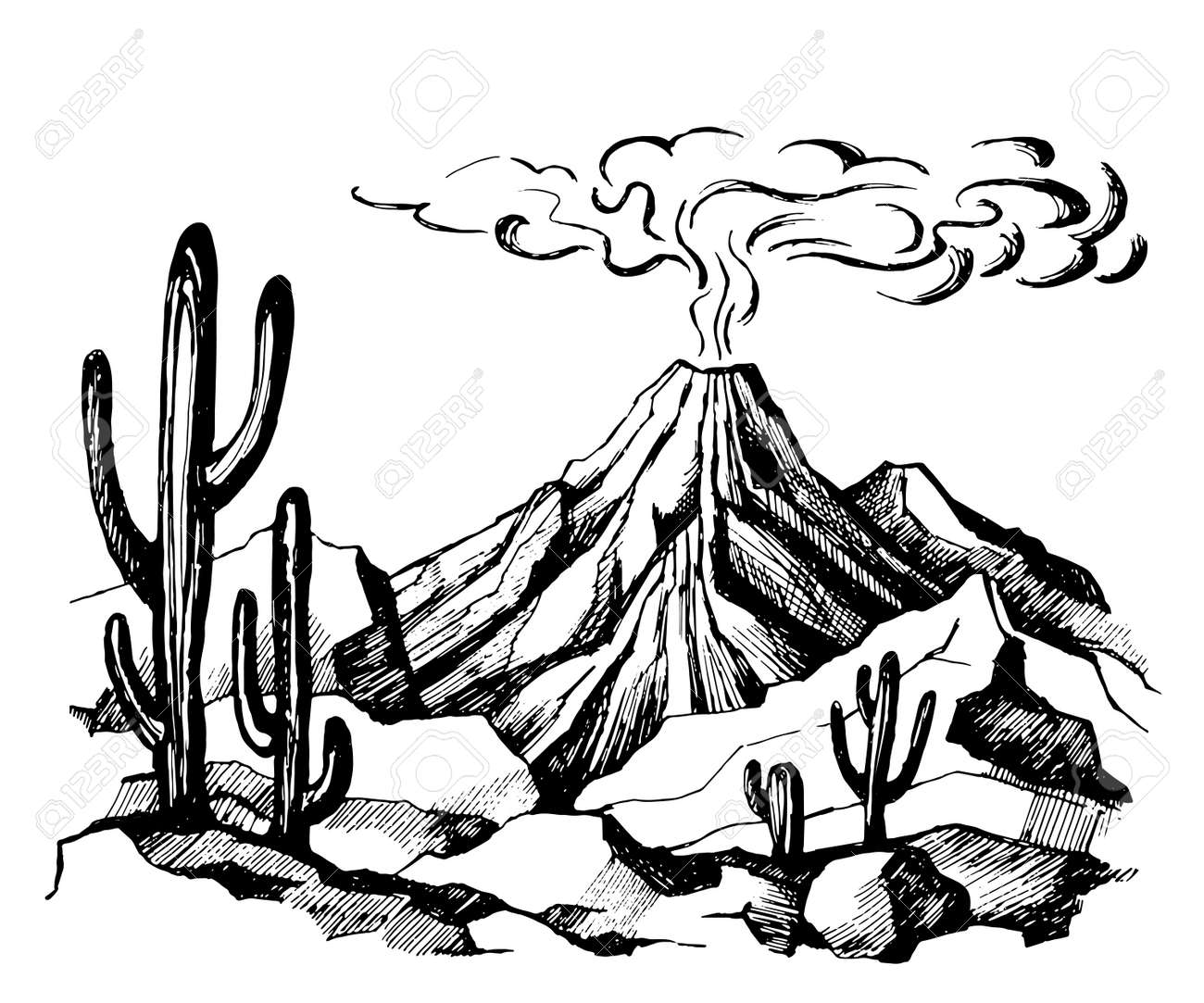 Vector Sketch Landscape Volcanic Eruption Royalty Free Cliparts Vectors And Stock Illustration Image