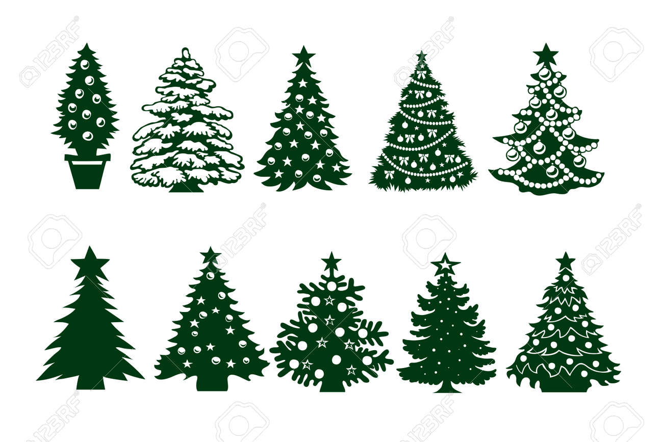 christmas tree template set. green silhouette, different shapes of