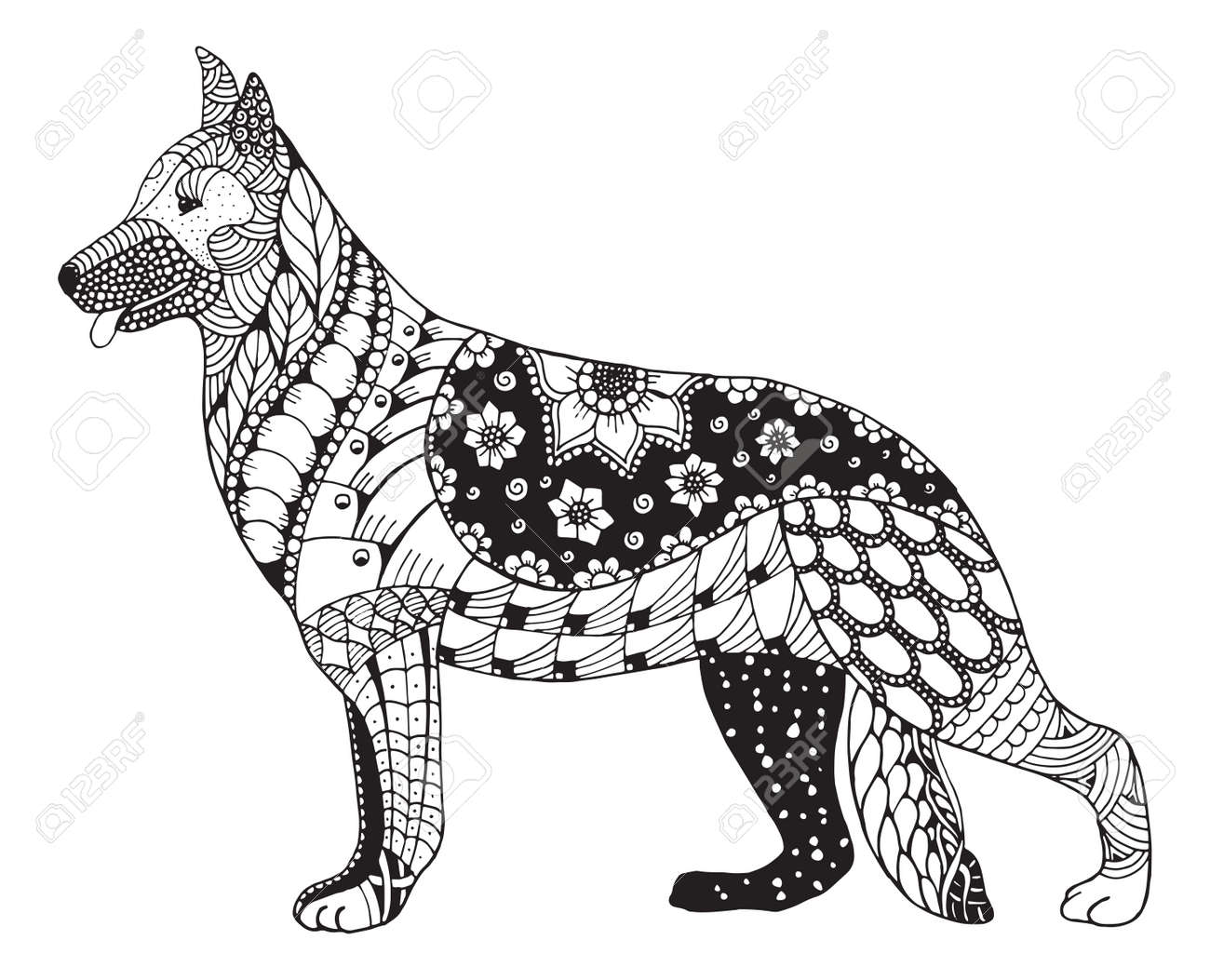 German shepherd dog head stylized illustration freehand pencil hand drawn pattern