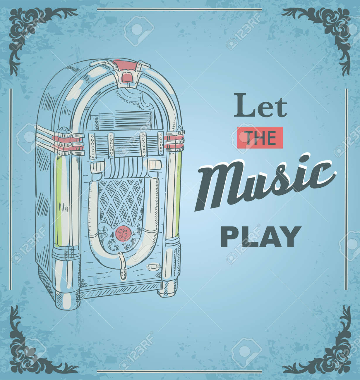 Vector illustration of retro jukebox. Quote Let the music play. Retro and vintage poster. Print for posters. - 76670371 Vector illustration of retro jukebox. Quote Let the music play. Retro and vintage poster. Print for posters. - 76670371