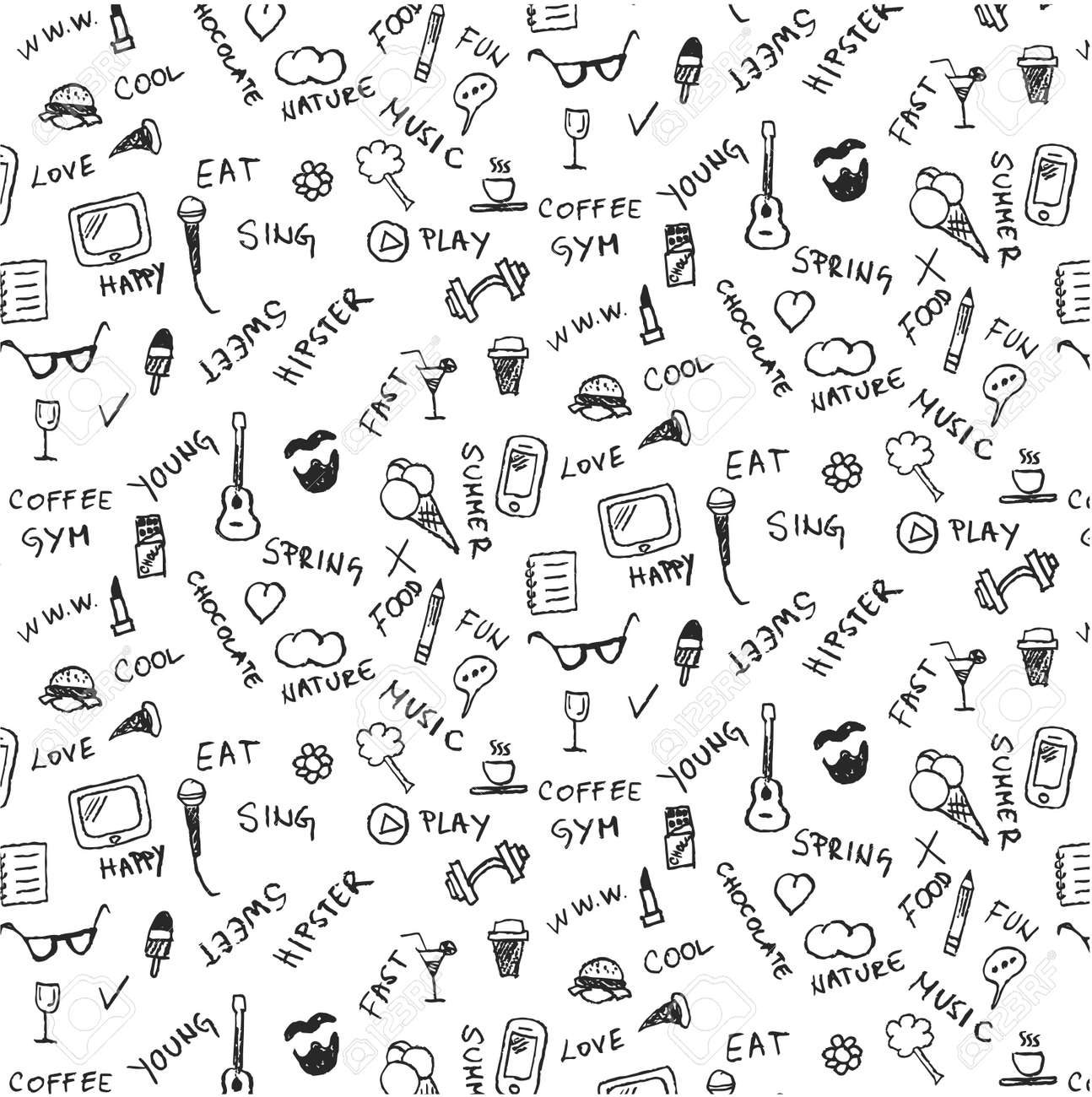 Kuhles Sommermuster Kritzeleien Graffiti Pizza Smartphone Eiscreme Schokolade Gitarre Stift Wolke Kaffee Cocktail Herz Spiel Glas Tablette Sonnenbrille Drucken Sie Zur Dekoration Lizenzfrei Nutzbare Vektorgrafiken Clip Arts