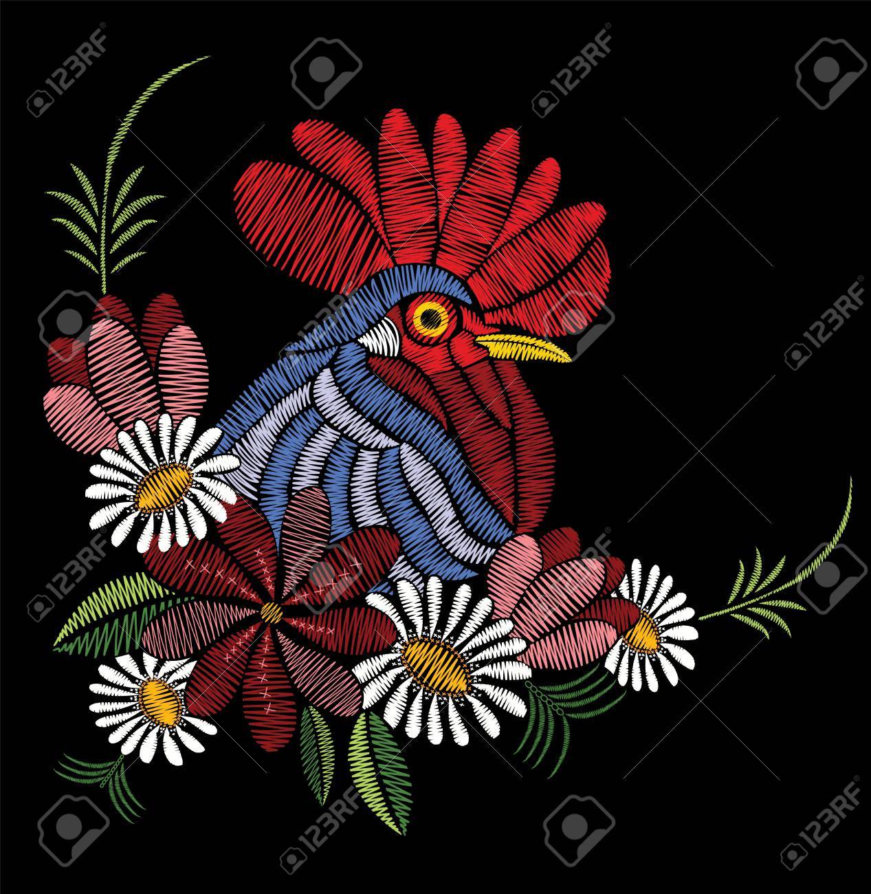 Embroidery stitches with rooster, wildflowers, chamomile, leaves. Vector floral ornament decoration on black background. Print for textile and fabric. - 80261266 Embroidery stitches with rooster, wildflowers, chamomile, leaves. Vector floral ornament decoration on black background. Print for textile and fabric. - 80261266