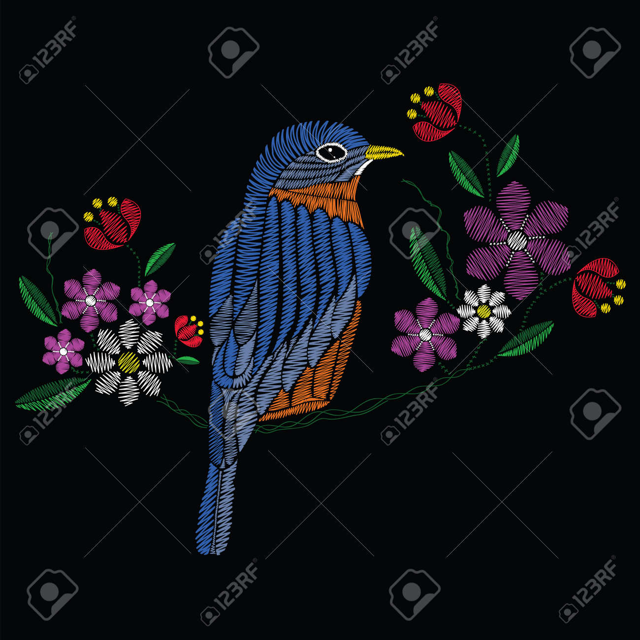 Vector illustration embroidery stitches with bluebird chamomile, spring flowers, branches in color. Fashion ornament on black background for textile and fabric traditional floral decoration. Hand drawn illustration. - 80329081 Vector illustration embroidery stitches with bluebird chamomile, spring flowers, branches in color. Fashion ornament on black background for textile and fabric traditional floral decoration. Hand drawn illustration. - 80329081