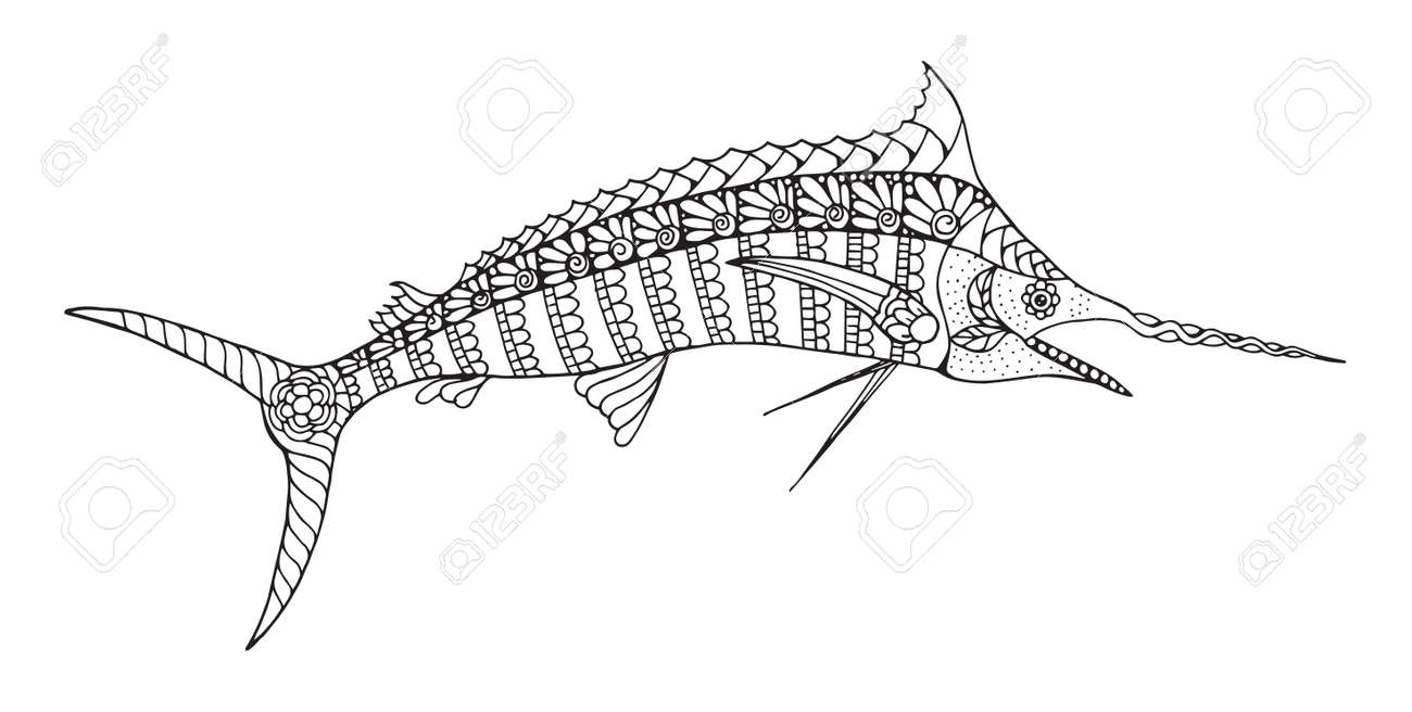 Zentangle stylized blue marlin. Vector, illustration, freehand pencil, pattern. Zen art. Black and white illustration on white background. Adult anti-stress coloring book. Print for t-shirts. - 81014459 Zentangle stylized blue marlin. Vector, illustration, freehand pencil, pattern. Zen art. Black and white illustration on white background. Adult anti-stress coloring book. Print for t-shirts. - 81014459