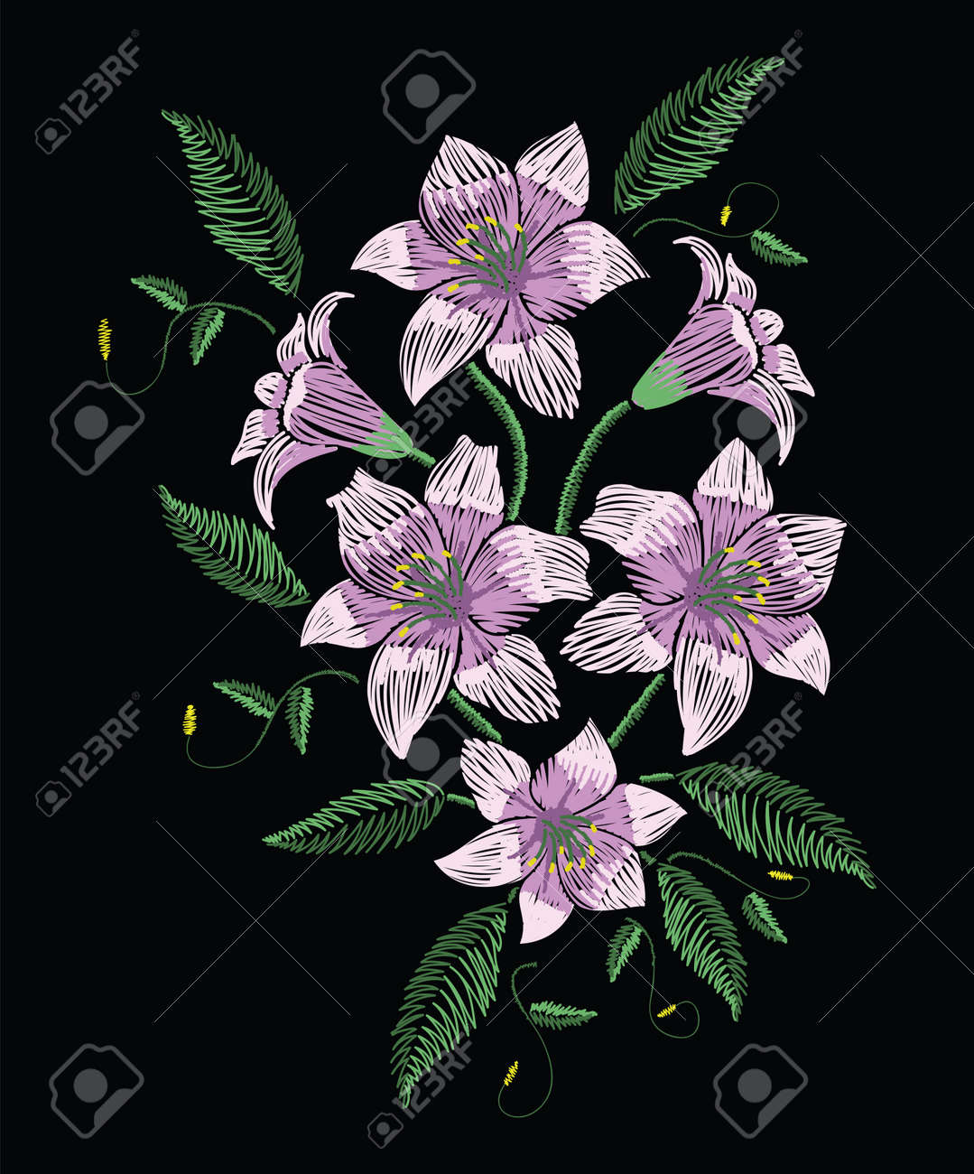 Embroidery stitches with violet easter lily flowers with green leaves in pastel color. Vector fashion ornament on black background for traditional floral decoration. Pattern for textile and fabrics. Print for textile. - 81365465 Embroidery stitches with violet easter lily flowers with green leaves in pastel color. Vector fashion ornament on black background for traditional floral decoration. Pattern for textile and fabrics. Print for textile. - 81365465