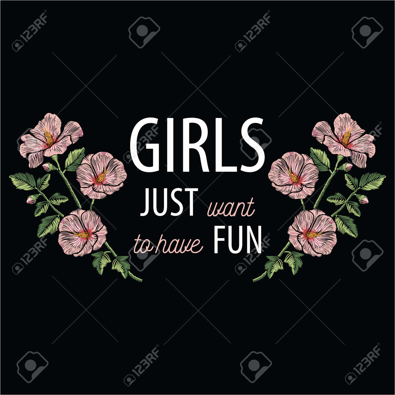 Embroidery stitches with pink hibiscus flowers and slogan girls just want to have fun in pastel color. Vector fashion ornament on black background for floral decoration. Pattern for textil. Print for fabrics. - 82073093 Embroidery stitches with pink hibiscus flowers and slogan girls just want to have fun in pastel color. Vector fashion ornament on black background for floral decoration. Pattern for textil. Print for fabrics. - 82073093