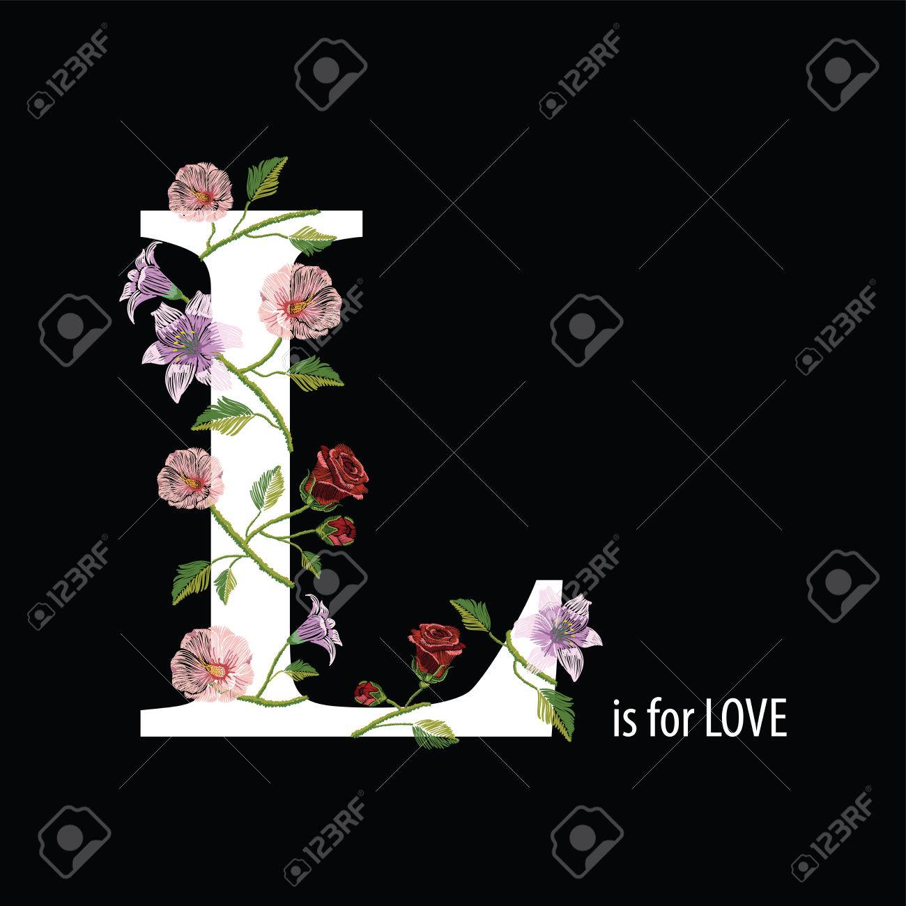 刺繍ステッチ ハイビスカス バラ ユリ テキスト L は愛のため 花