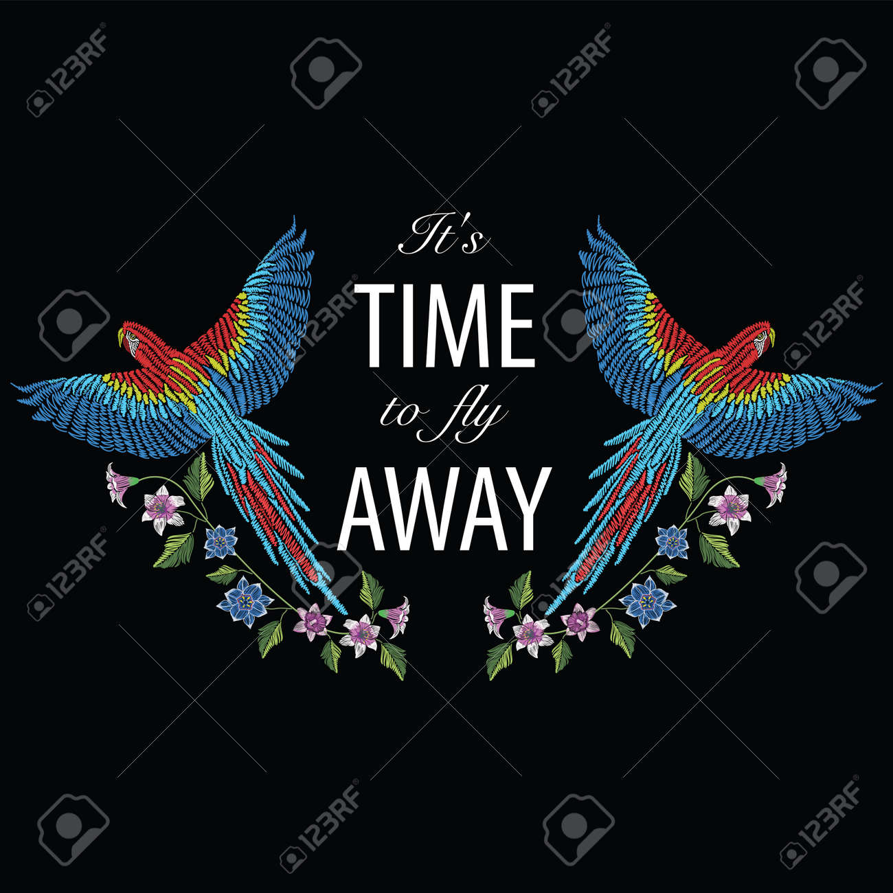 Macaw ara parrot with narcissus, tulip anfd lily flower. Embroidery stitches stylized vector illustration with text it's time to fly away. Traditional floral pattern for textile. Print for fabrics. - 82435635 Macaw ara parrot with narcissus, tulip anfd lily flower. Embroidery stitches stylized vector illustration with text it's time to fly away. Traditional floral pattern for textile. Print for fabrics. - 82435635