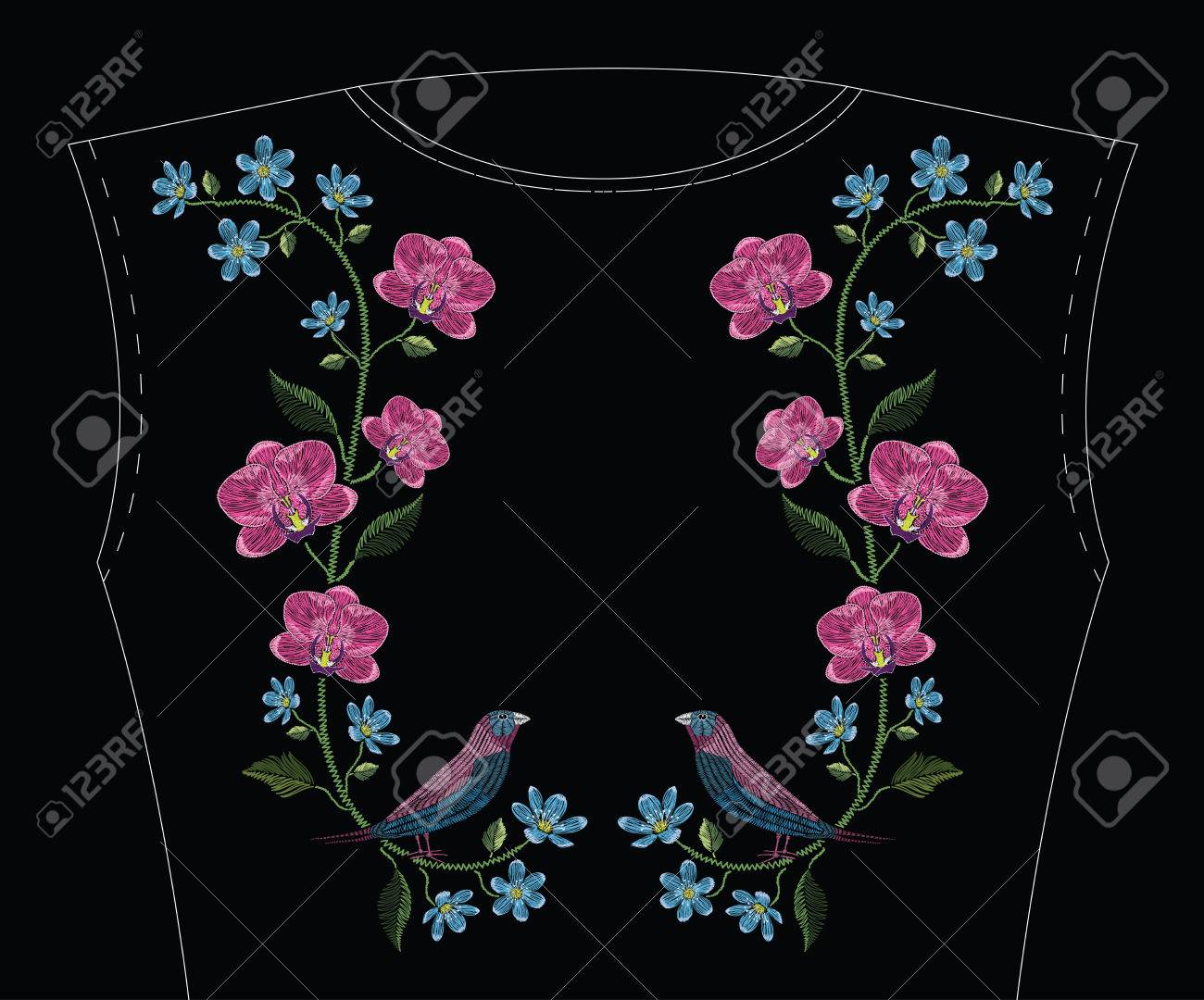 Embroidery stitches with orchid, hepatica flower and gouldian finch bird. Vector fashion ornament on black background for traditional floral decoration. Pattern for textile and fabrics. Print for textile. - 82742436 Embroidery stitches with orchid, hepatica flower and gouldian finch bird. Vector fashion ornament on black background for traditional floral decoration. Pattern for textile and fabrics. Print for textile. - 82742436