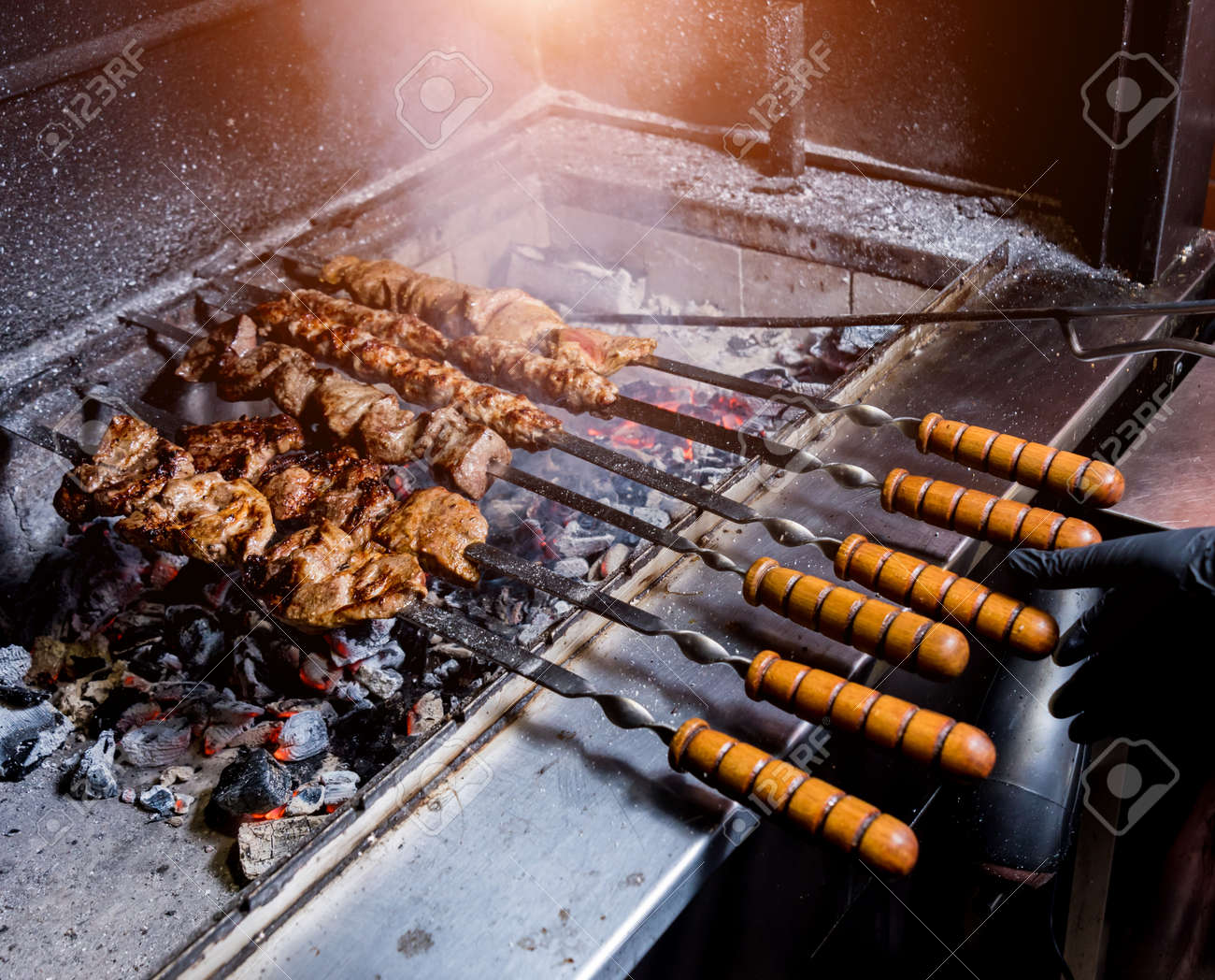 Chef Cooking Delicious Beefand Pork Barbecue On Grill Chef Cooking Delicious Beef And Pork Barbecue On Grill