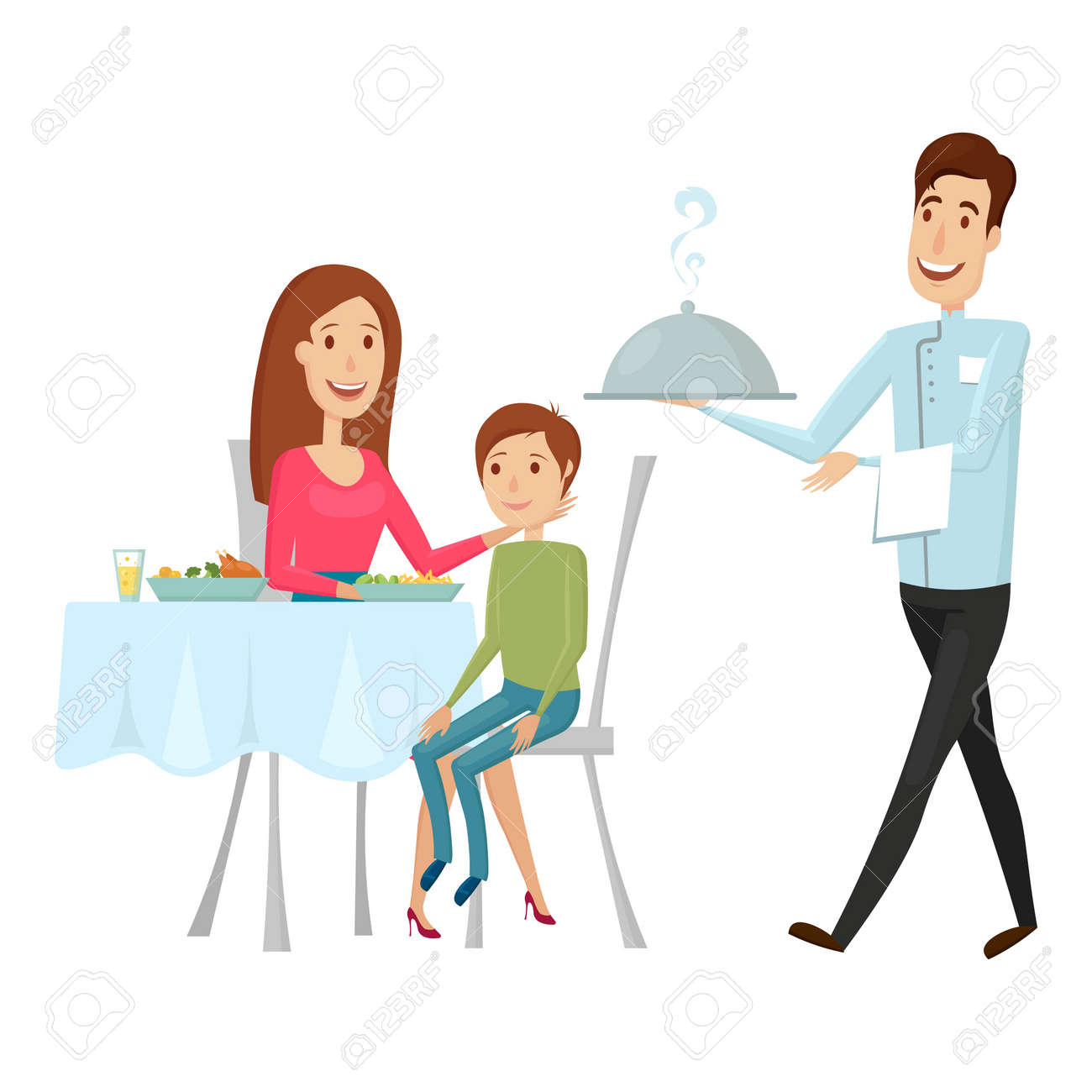 ホット料理レストランのウェイター 白の背景にベクトル イラスト フラットな漫画スタイル のイラスト素材 ベクタ Image
