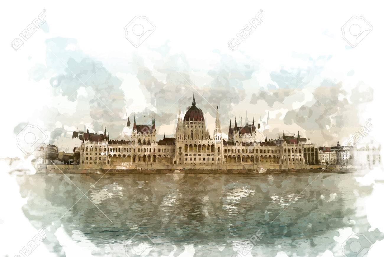 ブダペストの国会議事堂ドナウのきらびやかな水の近くの大きな雲の下で日没の豪華な眺め ハンガリーの旅行背景画像 のイラスト素材 ベクタ Image