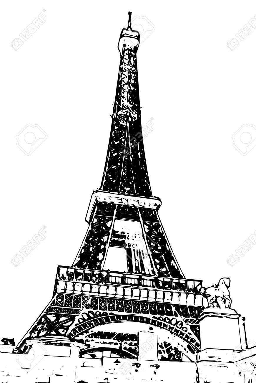 ベクトル形式で背景を旅行します 水彩と鉛筆でモダンなスタイリッシュな絵 エッフェル塔夕暮れ時 雲の上 セーヌ川からみたのイラスト素材 ベクタ Image