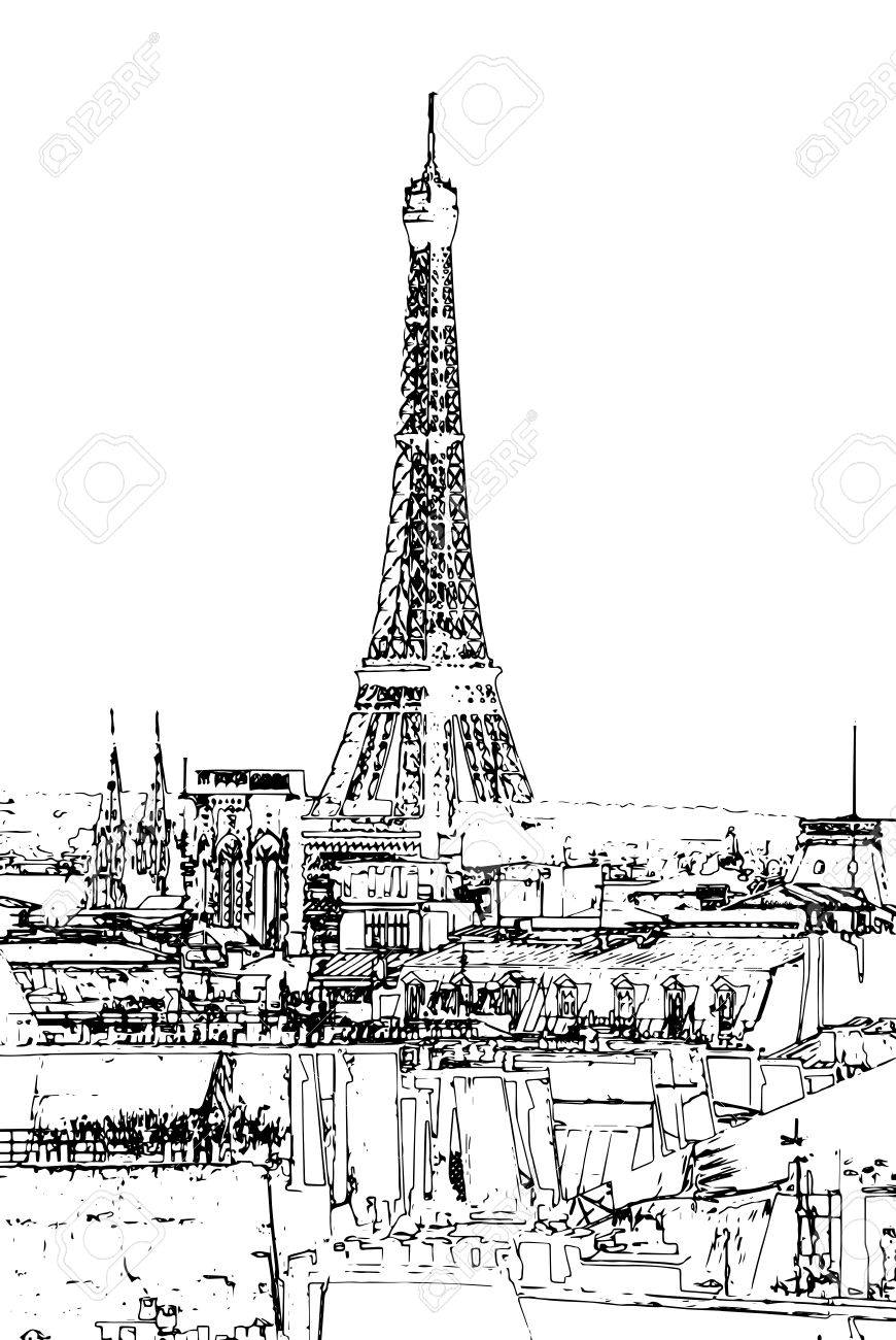 ベクトル形式で背景を旅行します 水彩と鉛筆でモダンなスタイリッシュな絵 エッフェル塔夕暮れ時 雲の上 セーヌ川からみたのイラスト素材 ベクタ Image